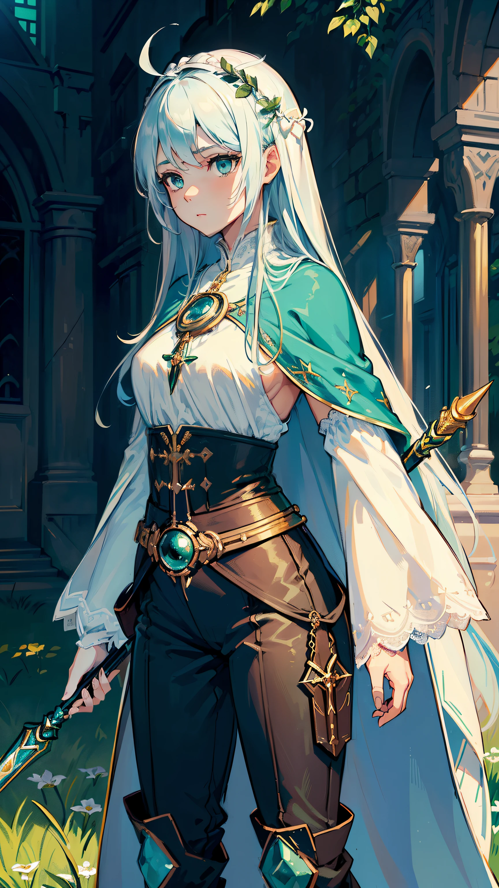 Linda mulher imperadora, The skin is crystal clear, beautiful appearance, There is deep wisdom in your eyes, It's like I've seen everything in the world, Vestindo um lindo manto branco, segurando uma espada longa, The cloak dances in the wind,Cabelo prateado tremula ao vento, o manto branco delineia perfeitamente a figura graciosa, Maneira gentil e pastoral, como uma fada perfeita