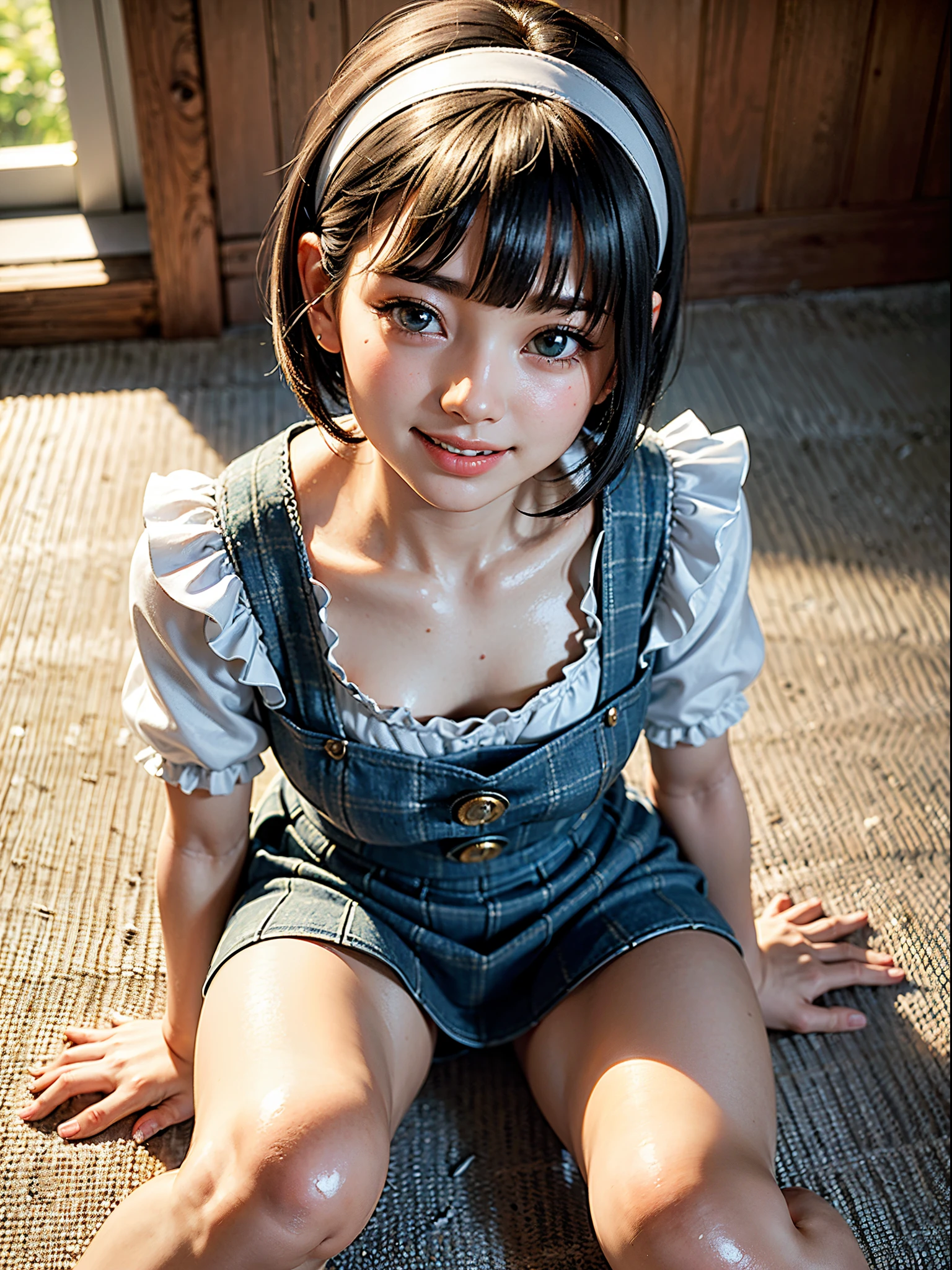 ((SFW、masuter piece、Best Quality、masutepiece、top-quality、Highest Standards、Top image quality、1 girl、English Made、Ruffled headband、Short bob cut、frilled blouse、Ribbon Ties、pinafore、Long skirt、puff sleeves、white silk ankle sockrill、A dark-haired、Intense pale blue eyes、Strong highlights of the eyes、Perfect Anatomy、Dynamic lighting、lipgloss))、(Raw photo:1.2)、(photoRealstic:1.4)、((Almost never look up、Look firmly at the camera、Take a photo from a little above with the camera))、Beautiful face with perfect symmetry、beautiful detailed women、extremely detailed eye and face、beatiful detailed eyes、Smile at your audience、laughing very happily、Very smiling、Beautiful teeth、Beautiful teeth alignment、ultra-detailliert、ighly detailed、Light on the Face、((dynamicposes))、(camel's toe)、(half)、(Sitting on legs with bent knees)、shorth hair、crossed bangs、asymmetrical bangs、Short bob cut、Put your ears out、Lashes、cute haddo fade、Shadow Fade:0.9、A little natural light coming in from the front、A little natural light coming in from both sides、Autumn nature background in the daytime:1.2、The face brightens a little
