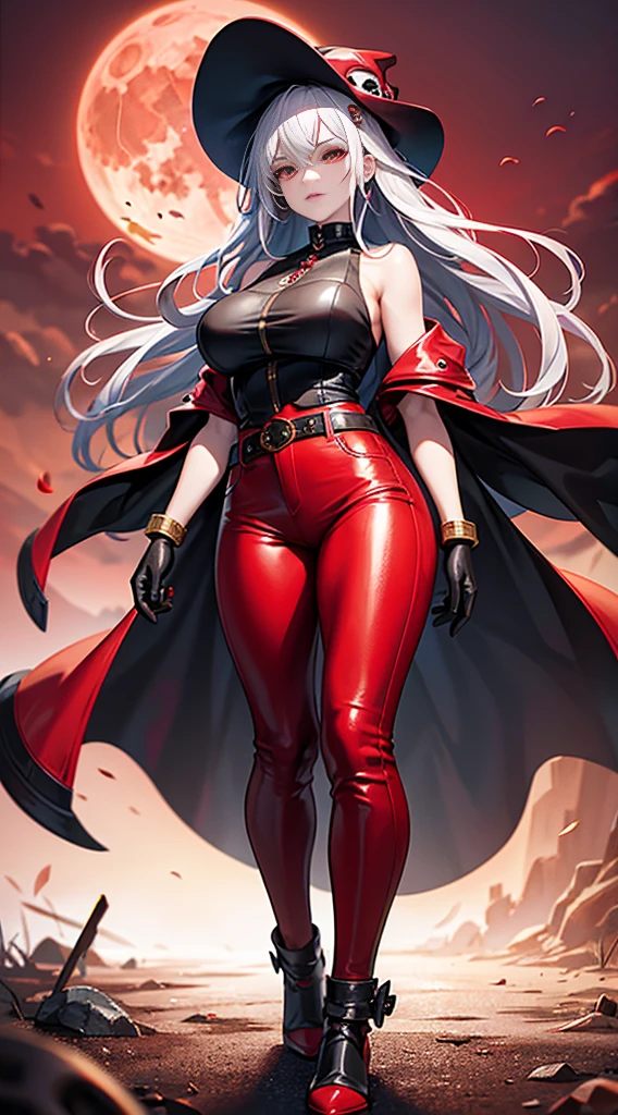 full body Esbian, of the highest quality, intricately detailed skin, Shiny skin, Shiny hair, pale complexion,Big breasts), Red sky, Red Moon, in woods, ((Skull Mark)), ambitious, Seductive Woman, Gray hair, Long hair, Hair fluttering in the wind, Skull mask on half of the face, Detailed tattoos, Red leather clothes, Red sleeveless clothes, Red leather coat, Leather gloves, Solid Gold Bracelet, leather pant, Red pants, , Hat with skull marker, (Leather Belt), Look far away