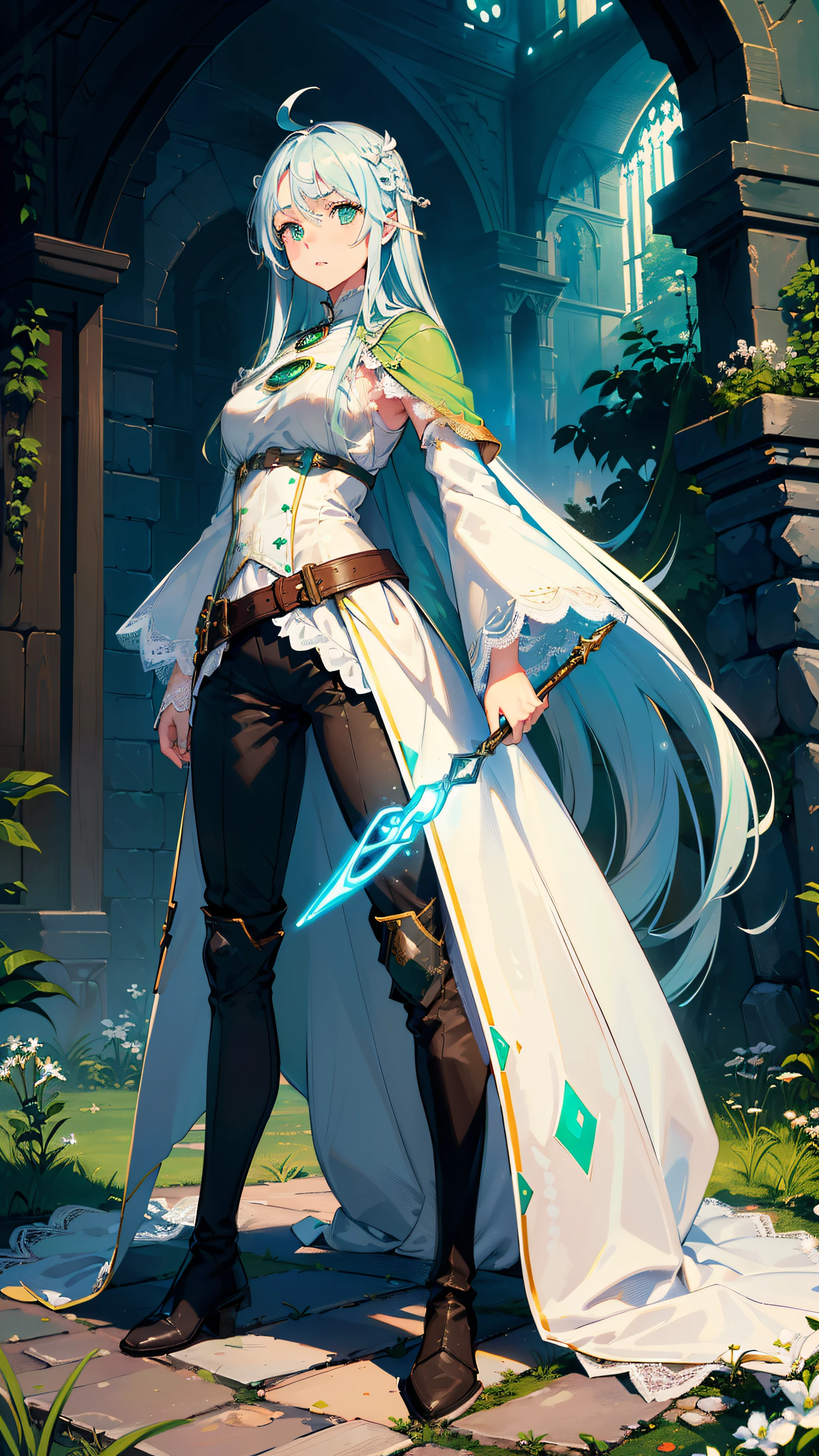 masutepiece, ultra-detailliert, 8K Portrait, Raw photo, a portrait photo of, Highly detailed face, beautiful and meticulous eyes, ((Fantasy)), Young beautiful, (((Female priest))), (((((Standing))))), ((light blue long thin hair)), Ahoge, Forehead, Gentle face, White skin, (((green and white puffy sleeve lace priest&#39;s robe))), ((brown cape)) Fluttering in the wind, (((low leg knee length pants))), Leather boots, ((((equip a magic wand)))), Midday Sun, Hyper realistic, Body model, Small breasts, Beautiful breasts, Long legs, In the Adventurer's Guild of the Middle Ages, Ambient lighting, Shadow details, Camera focus on face, strong breeze, Light fog