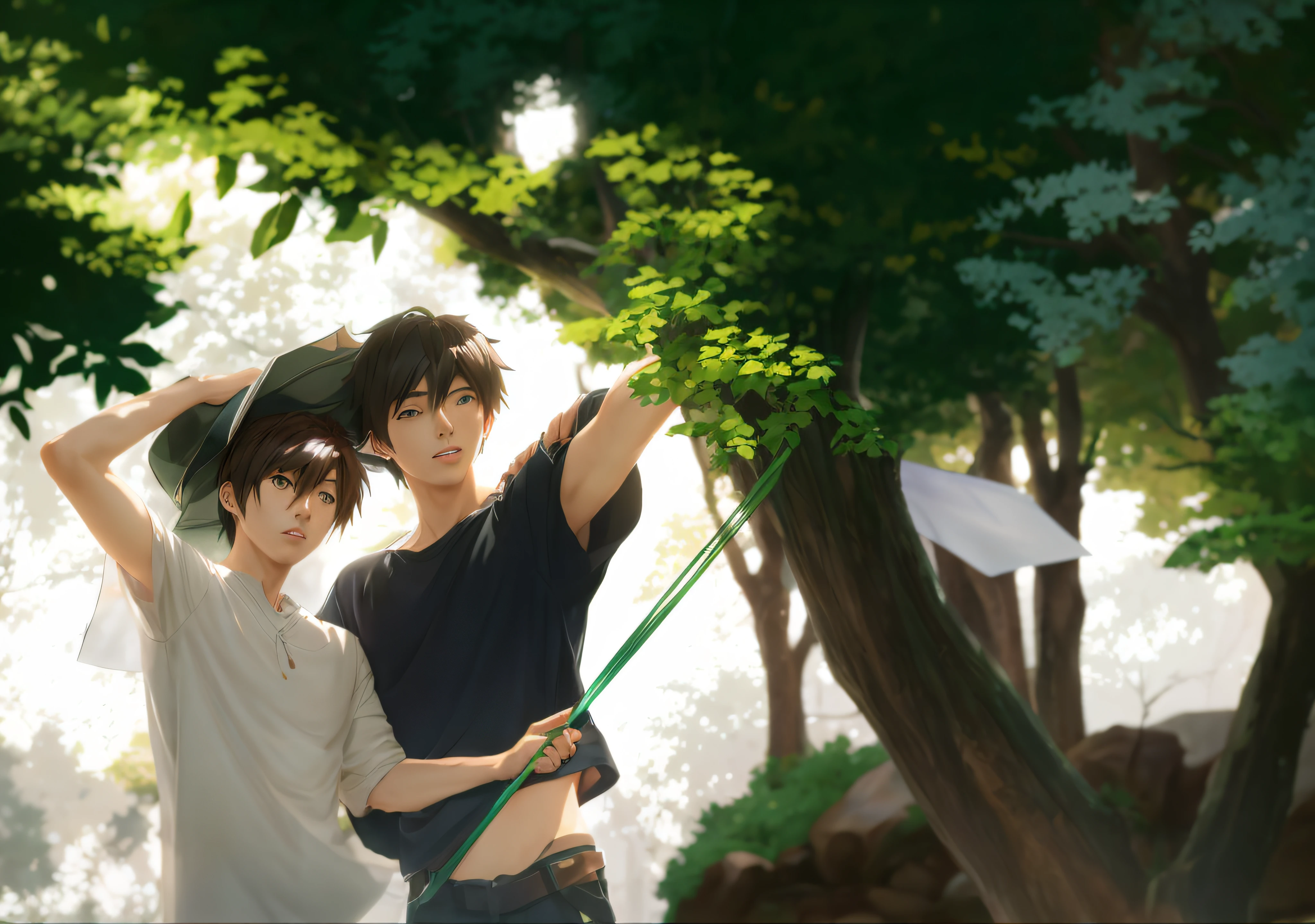 Two male couples in anime stand under a tree with insect nets in their hands....., Lush Anime John 8K Woods, By Shingei, Guweiz and Makoto Shinkai, high quality fanart, Sakimichan and Makoto Shinkai, zerochan art, official fan art, Inspired by Ike no Taiga, Makoto Shinkai and (Ken Kuga)