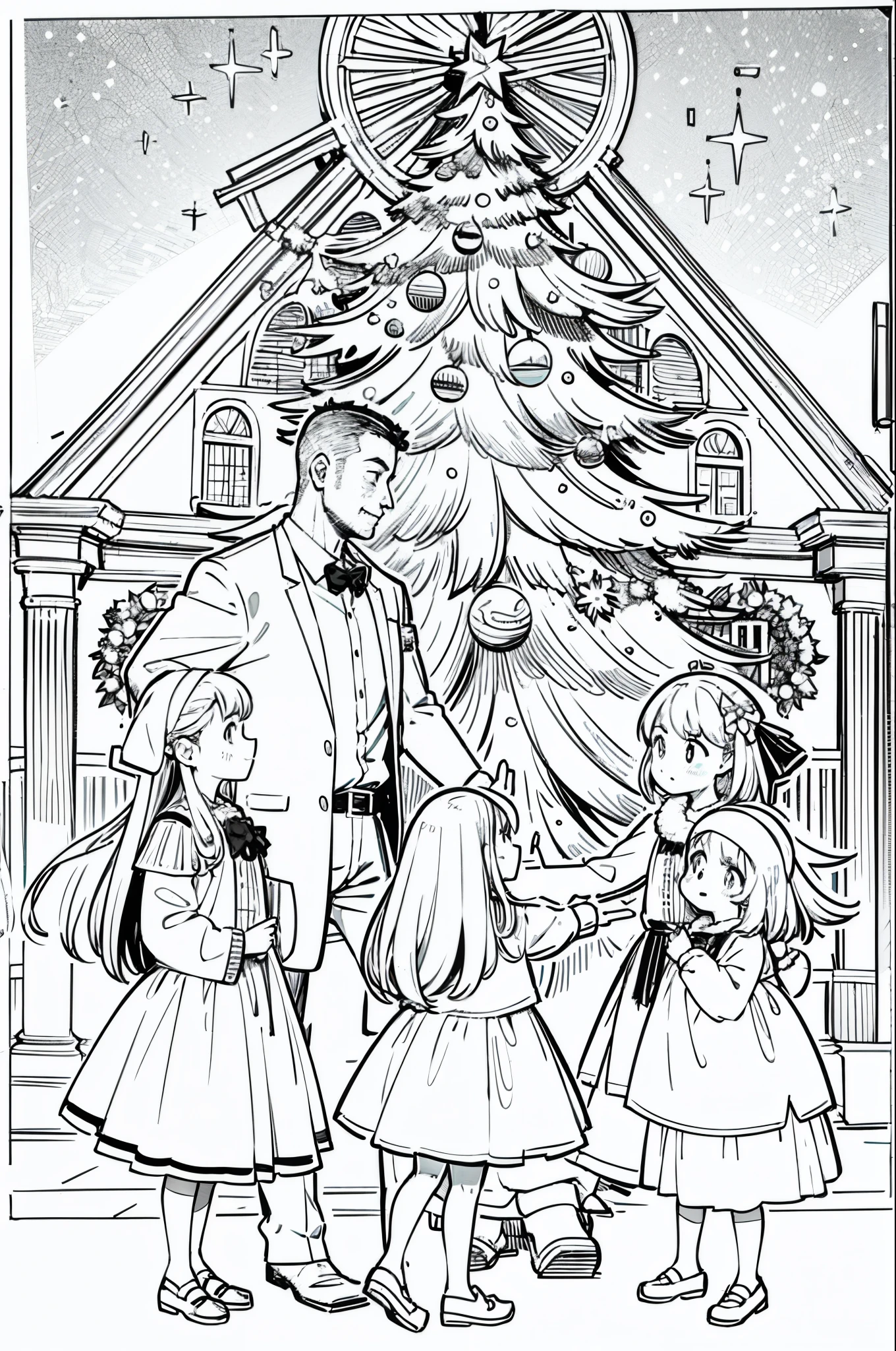 Christmas party, line art, no text, rule of thirds, harmony, fun, sketch, family fun, Fibonacci, mom, dad, kids, proportion