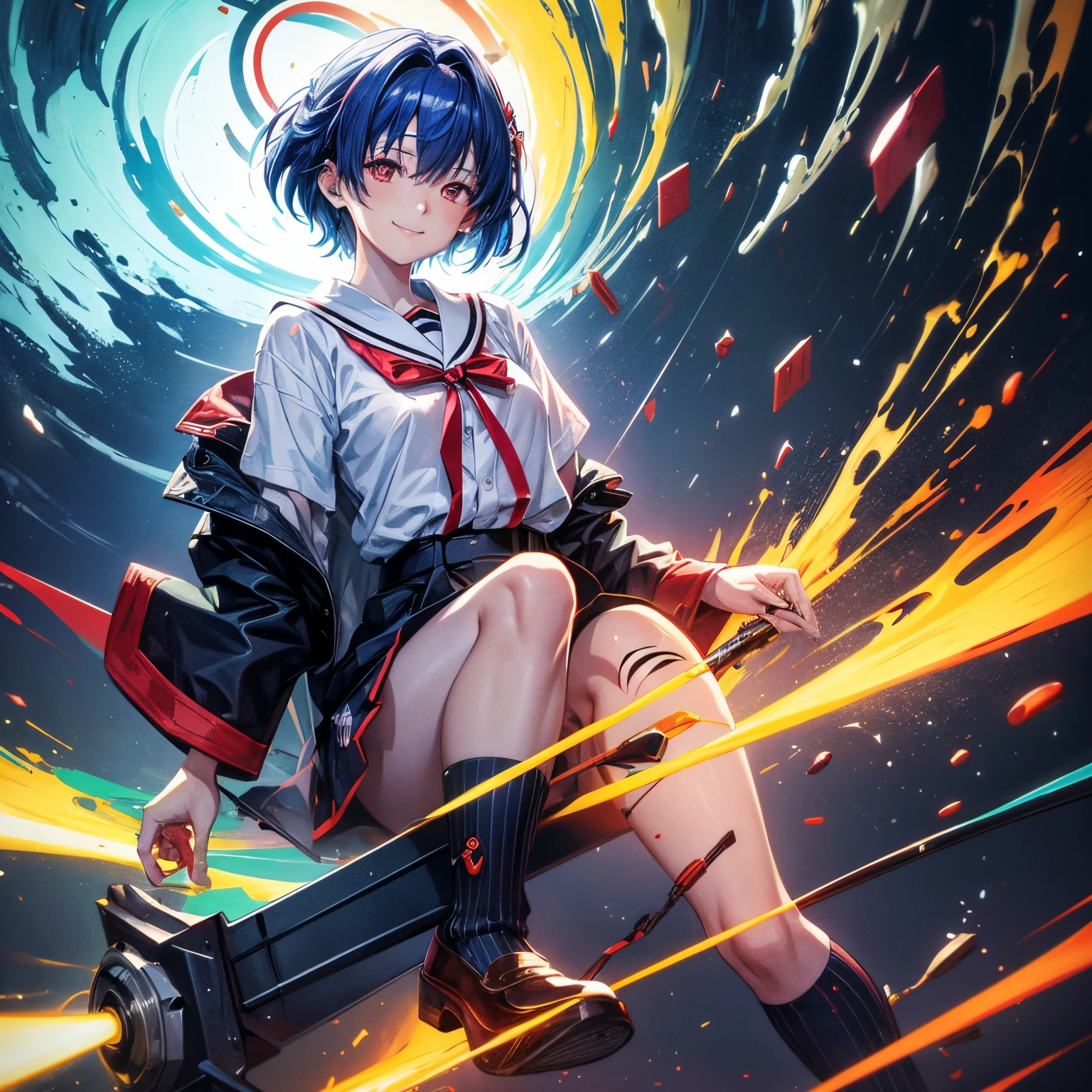Masterpiece Portrait of Smiling Rei Ayanamhin Evangelion), Shin Evangelion (Hideaki), Caustics, high-resolution illustrations, red eyes, Feminine, There are no students, Blue hair, short detailed hair, Japan Schools, Loafer shoes, spook, synthetic wave, paint splatter, shaded flat illustration, number art, Hot topics on artstation, The very detailed, finedetail, iintricate, spatter, Transcendent, Auto parts, neon colored