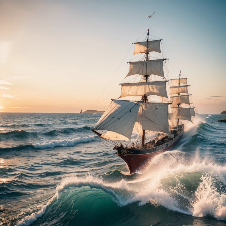 riding the wave，Sail ships，heal，a warm color palette，Indomitable