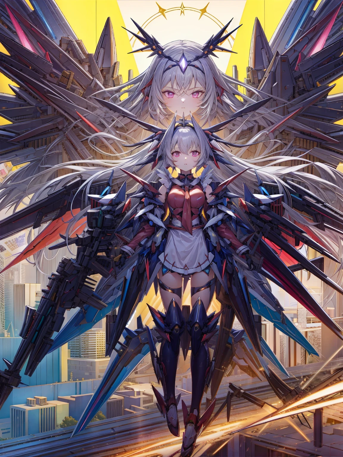 top-quality、ighly detailed、masterpiece、ultra-detailliert、illustratio、((1girl in))、silber hair、length hair、Floating hair、、Cyber City、Neon building、(The upper part of the body:1.05)、extremely_Detailed_Eyes_And_Face,cybernetic wings mechanical wings、Random posture、Skyscraper、、Mechumusume、shrine maiden clothe,maid clothes、Random angles、anime styled,cowboy shot