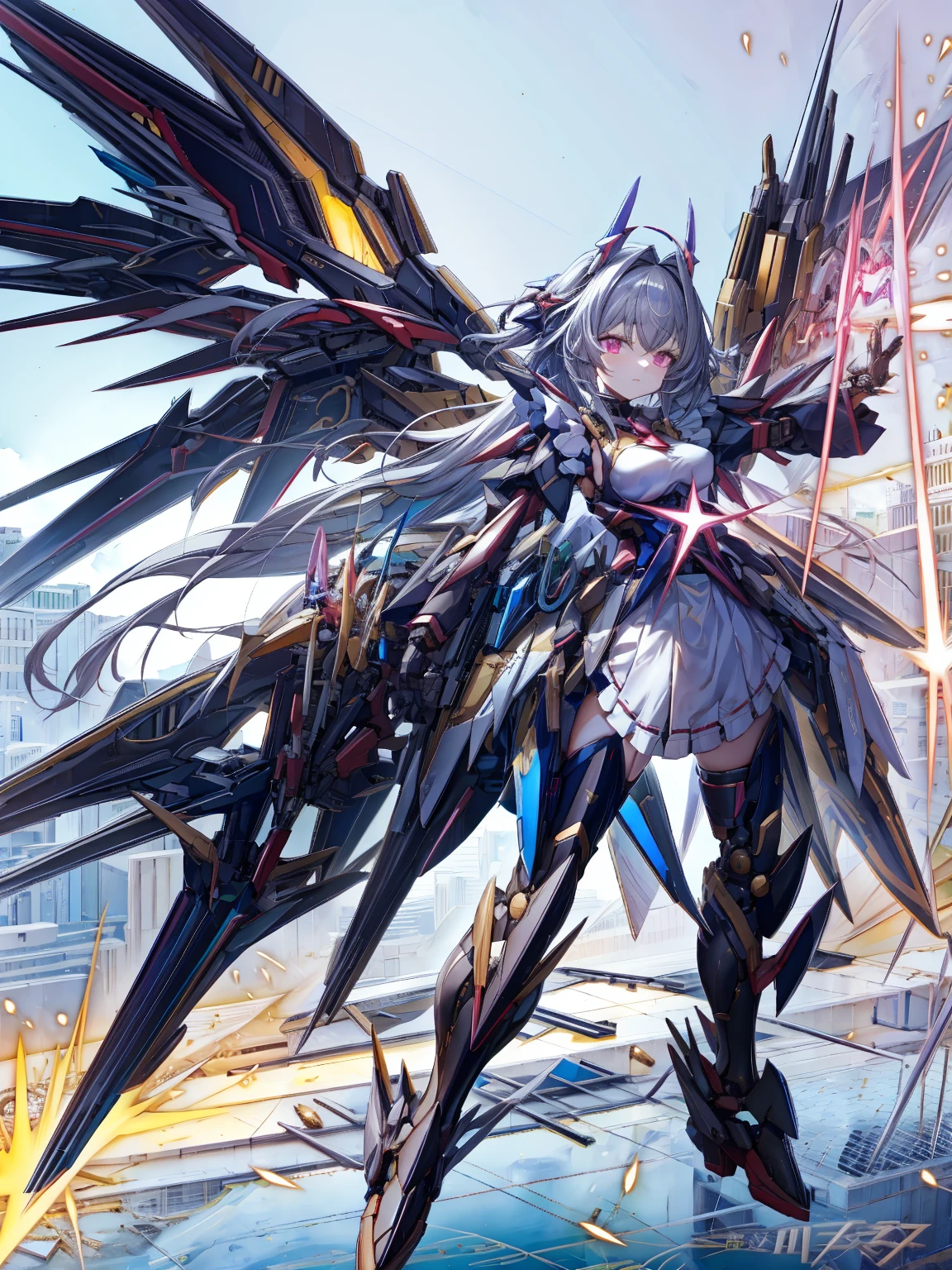 top-quality、ighly detailed、​masterpiece、ultra-detailliert、illustratio、((1girl in))、silber hair、length hair、Floating hair、、Cyber City、Neon building、(The upper part of the body:1.05)、extremely_Detailed_Eyes_And_Face,cybernetic wings mechanical wings、Random posture、Skyscraper、、Mechumusume、shrine maiden clothe,maid clothes、Random angles、anime styled,cowboy  shot