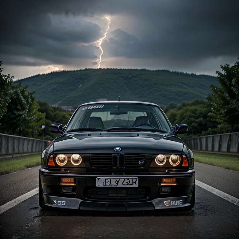 best quality, masterpiece, bmw, bmw e36, bmw e36 coupe, bmw e36 tunned, tuning, raining, weather rain, behind, tail lights