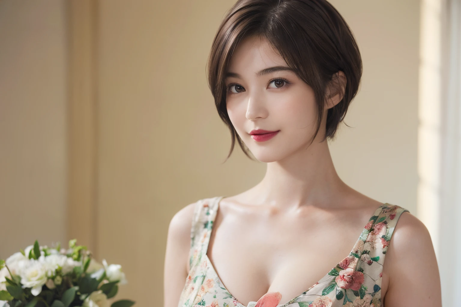 129
(a 20 yo woman, Standing), (A hyper-realistic), (high-level image quality), ((beautiful hairstyle 46)), ((short-hair:1.46)), (Gentle smile), (breasted:1.1), (lipsticks), (Large room), (florals), (Painterly)