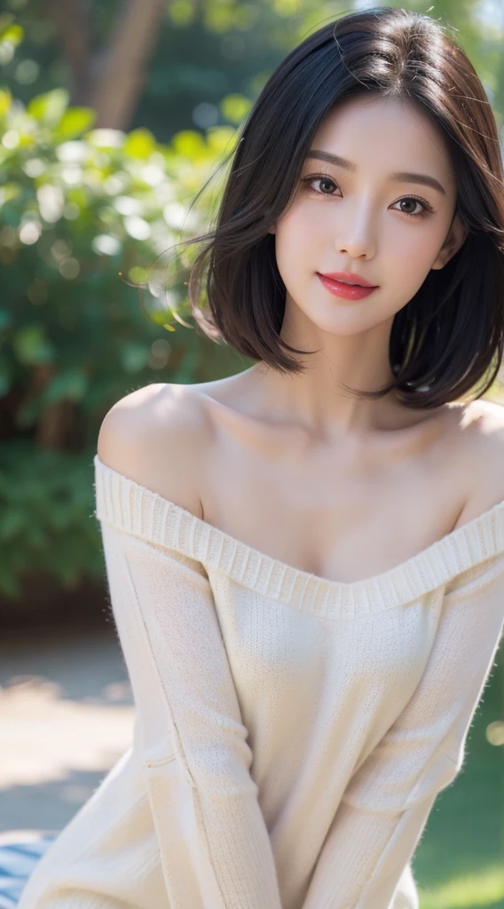 cute girl photo realistic,in a park in front of beach, exquisite and beautiful face, pretty face, (peach Red lips:1.1),(white skin:1.1), tender and ,(black hair:1.15),short hair,smile, exquisite collarbone, seductive and delicate collarbone, charming fragrant shoulders, shoulders slightly exposed, open-shoulder long sweater,sky blue sweater,bokeh, full body,very realistic details, ultra-high resolution,outstanding details