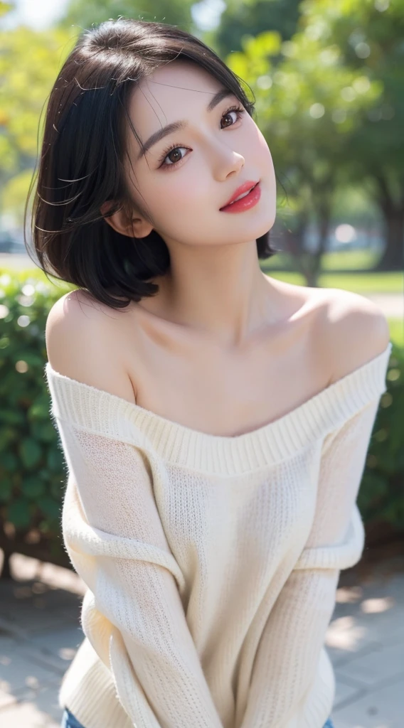 cute girl photo realistic,in a park in front of beach, exquisite and beautiful face, pretty face, (peach Red lips:1.1),(white skin:1.1), tender and ,(black hair:1.15),short hair,smile, exquisite collarbone, seductive and delicate collarbone, charming fragrant shoulders, shoulders slightly exposed, open-shoulder long sweater,sky blue sweater,bokeh, full body,very realistic details, ultra-high resolution,outstanding details
