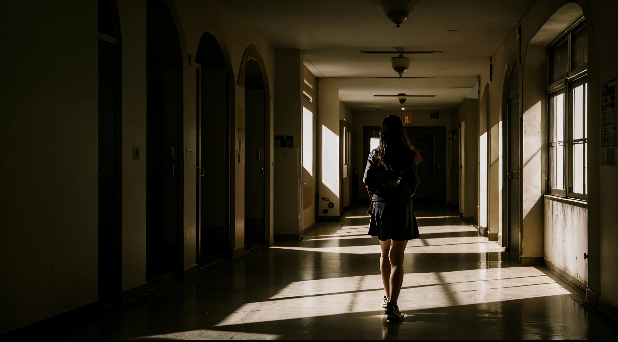 Depict the school's empty corridors at night, where Emma wanders in desperation, encountering shadows and pleading for the voices to stop.