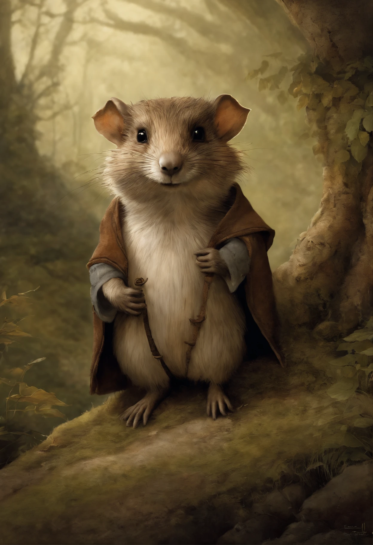 真实感, dark fantasy style, John Tolkien style, Small painting by Jean-Baptiste Monge, portraite of a, Little gremlin, looks like a cute little groundhog, large semicircular pointed fluffy ears, tousled , Sand-colored wool, wears a vest, peeks out from the hole-house, house in the fox hole, The Hobbit House, Hobbiton village. Jean-Baptiste Monge, anthropomorphic --ar 2:3 --testp -optimistic;