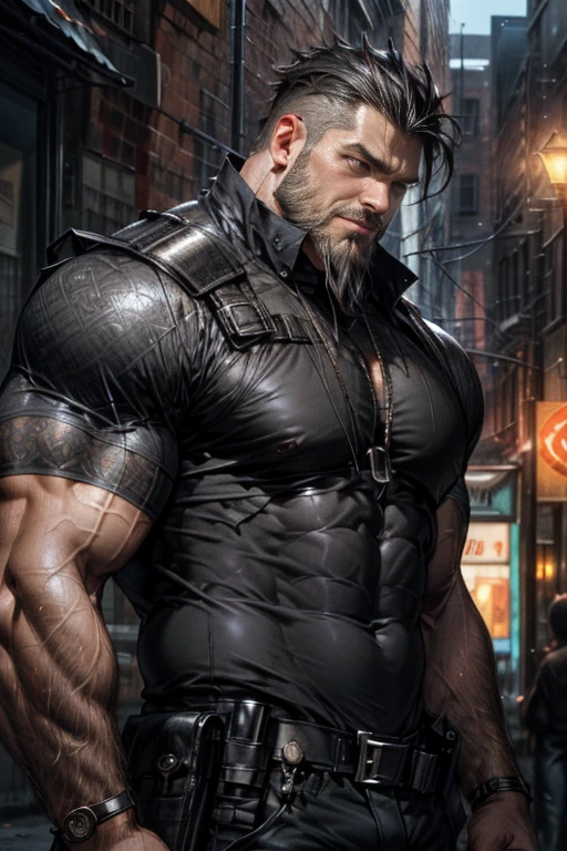 Best quality, masterpiece, super high resolution, detailed background, realistic, illustration, single, 1 boy, muscle man, beard, swat, street, muscular, facial hair, volumetric lighting, depth of field,black clothes