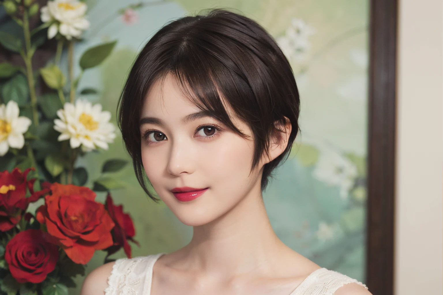 129
(a 20 yo woman, Standing), (A hyper-realistic), (high-level image quality), ((beautiful hairstyle 46)), ((short-hair:1.46)), (Gentle smile), (breasted:1.1), (lipsticks), (Large room), (florals), (Painterly)