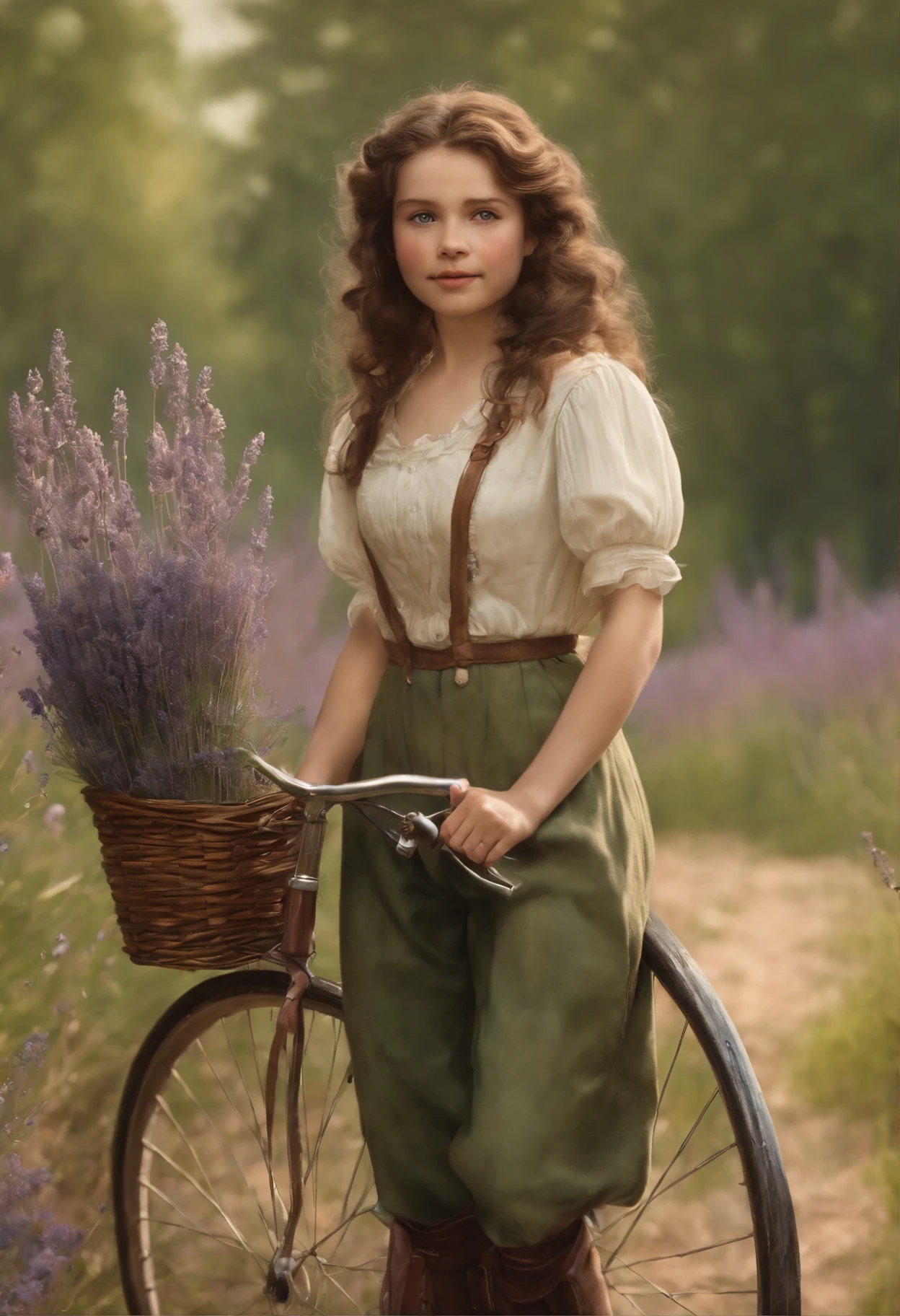 真实感, dark fantasy style, John Tolkien style, Small painting by Jean-Baptiste Monge, portraite of a, looks from the front, Soft facial features, Picture of Pepi&#39;long stocking image, girl smiles, Standing next to a bicycle,  Average height, plump dark pink lips, Engriberts eyebrows, dark brown, green colored eyes, looking at away, brown-hair, Large curls , wears a shirt,  breeches, short denim shorts, high boots, I&#39;m standing next to a bicycle, Summer day, The sun is shining, rainbow, Lavender field, field with lavender, Jean-Baptiste Monge, anthropomorphic --ar 2:3 --testp -optimistic;