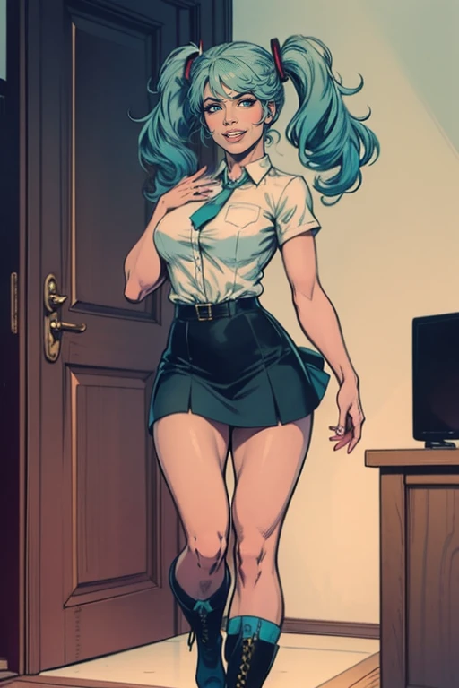 female hands, young girl, [[[[[closeup]]]], [[[[chest]]]], [[[[neck]]]], [[[shoulderull head ]]],  [[full legs]]], [[standing]]],perfect eyes, perfect iris, perfect lips, perfect teeth, perfect skin, soft front light, brightness, HDR (soft colors: 1.2), short skirt, light blue hair, bangs, twintails, long hair, green eyes, surprise, black skirt, dark gray blouse, green tie, hatsune miku, dilated pupils, latex boots, cinematic lighting, smile,  Mouth closed, green details on clothing, artwork, best quality, arm tattoo in red color