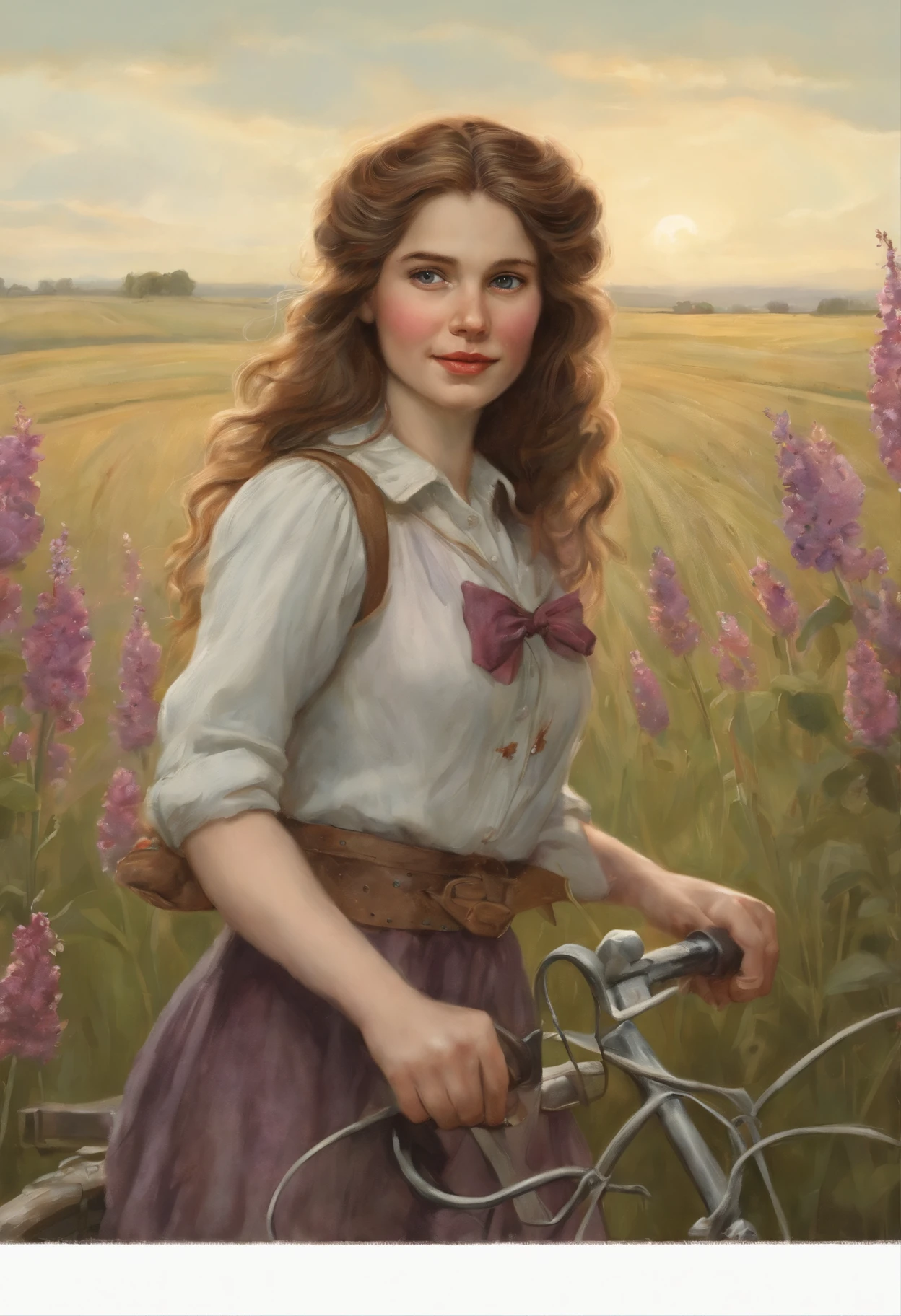 真实感, dark fantasy style, John Tolkien style, Small painting by Jean-Baptiste Monge, portraite of a, looks from the front, Soft facial features, Picture of Pepi'long stocking image, girl smiles, Standing next to a bicycle, Average height, plump dark pink lips, Engriberts eyebrows, dark brown, green colored eyes, looking at away, brown-hair, Large curls , wears a shirt, breeches, short denim shorts, high boots, I'm standing next to a bicycle, Summer day, The sun is shining, rainbow, Lavender field, field with lavender, Jean-Baptiste Monge, anthropomorphic --ar 2:3 --testp -optimistic;