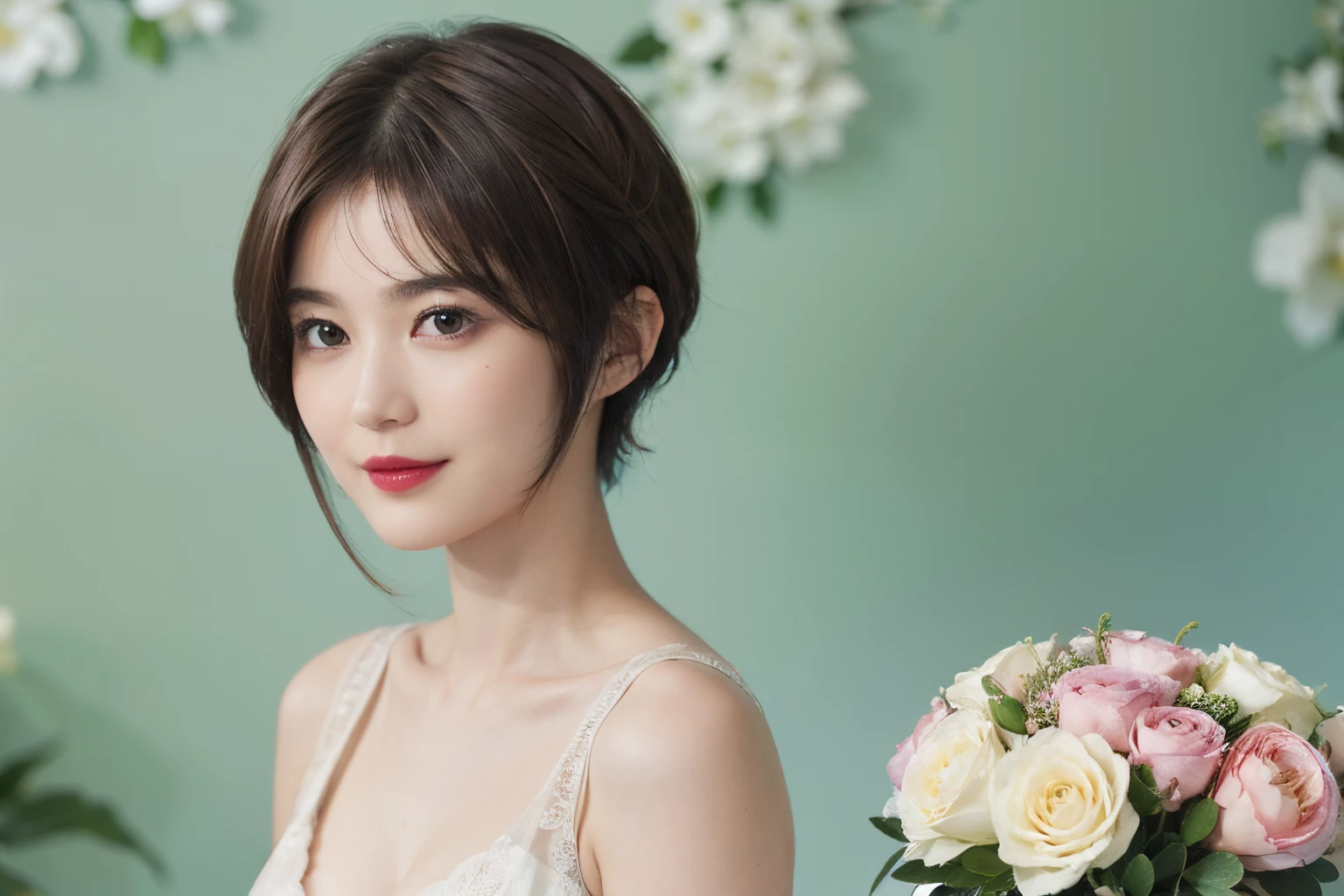 129
(a 20 yo woman, Standing), (A hyper-realistic), (high-level image quality), ((beautiful hairstyle 46)), ((short-hair:1.46)), (Gentle smile), (breasted:1.1), (lipsticks), (Large room), (florals), (Painterly)