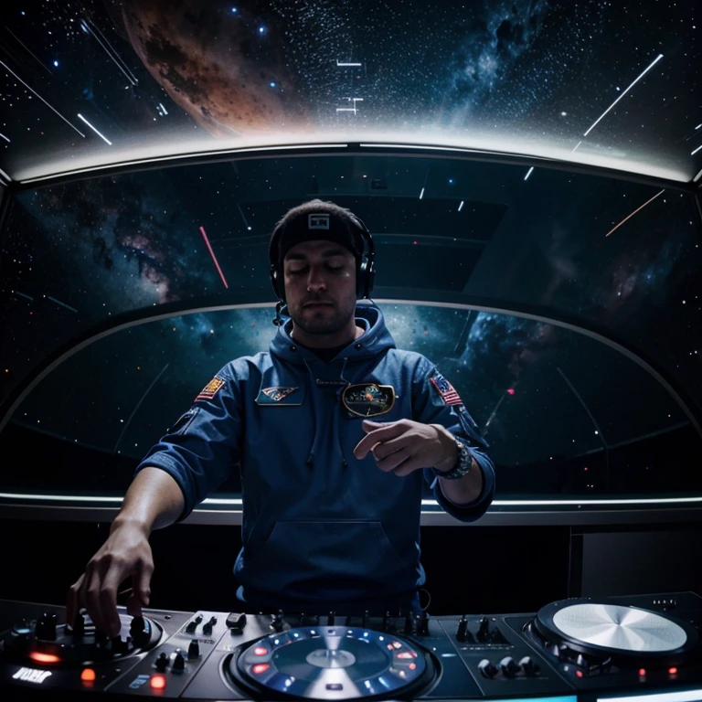 Astronaut dj using the universe as dj equipment