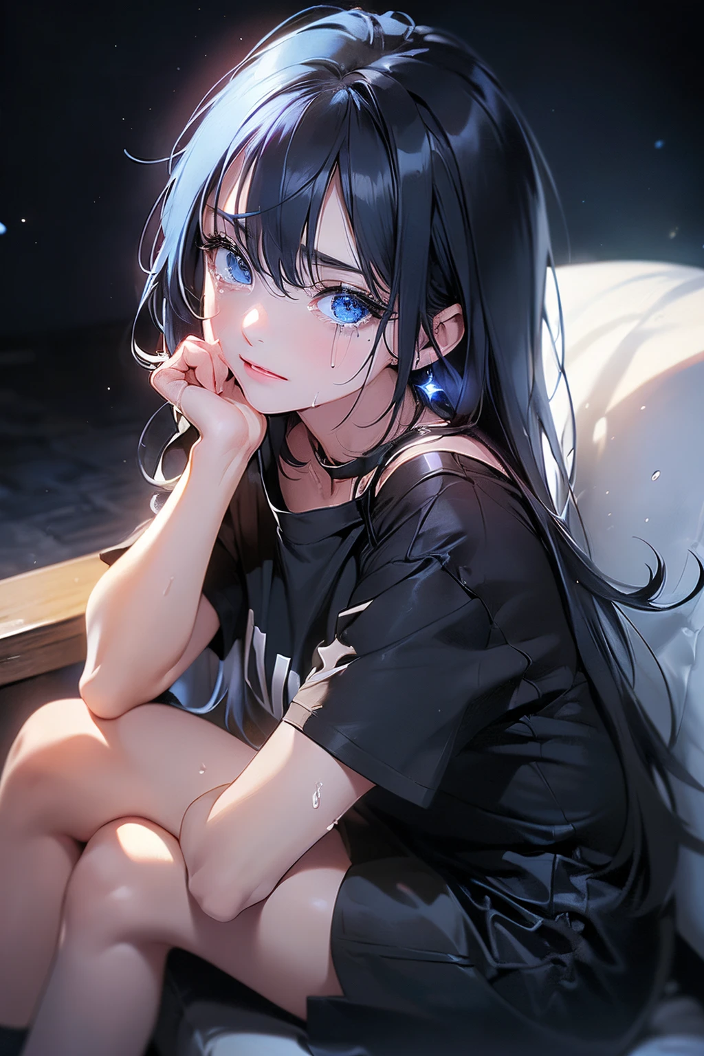 scene:0.9, (masterpiece), (((ultra detailed, 8k quality))), high quality, (a girl in an oversized black t-shirt, sitting on couch), (long black hair, side bangull body:0.7), ((torso)), perfect fingers, wide shot:0.7, from above, expressive sapphire blue eyes, (looking at viewer with pleading eyes, black hair, side bang, expressive blue eyes:0.7, (depth perception:0.7, black background, blurry background), 25 years old, (distanced), ((tears in eyes))