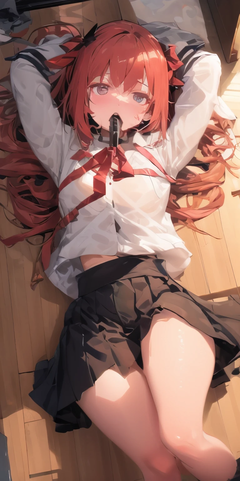 tmasterpiece， quality， A high resolution， 独奏， inside in room， white  shirt， a black skirt， Red ribbons， ， ， Side tie tong， lying down， from the above， Arms spread wide， vred， Bedessy outfit， Heavy breathing， sexual expressio