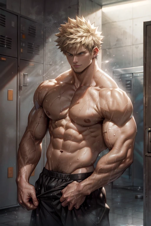 (best quality,4k,highres,masterpiece:1.2),ultra-detailed,realistic:1.37,men Bakugou Katsuki,locker room,taking off clothes,handsome,athletic build,wet bodies,sweat glistening on skin,glistening muscles,rippling abs,shadows and highlights,toned backs,broad shoulders,defined jawlines,piercing eyes,dripping water drops,wet hair,sensuous lips,confidence,masculinity,charismatic smiles,eyes filled with intensity,locker decorations,steam in the air,moisture on mirrors,dimmed lighting,strong contrast,body tattoos,sleek and modern lockers,luxurious bench,shower area in the background,stainless steel accessories,steam rising,exhaust fan noise,intriguing composition,blue color tones,spotlights casting dramatic shadows,professional sports club atmosphere
