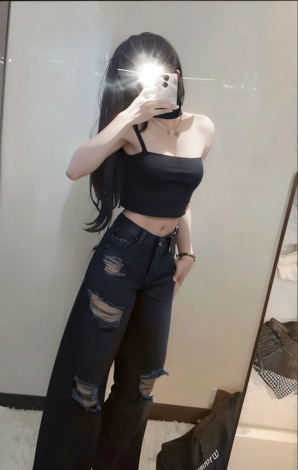 There  a woman looking in the mirror, ripped cropped T-shirt, outfit photograph, 2263539546], ( ( ( Wear jeans ) ) ), Wears a short black vest, 1285445247], Wearing a sexy crop top, Wear a crop top, Wears a short black vest