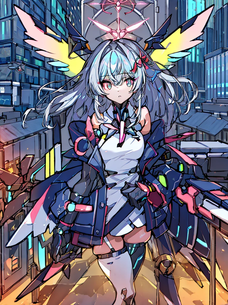 top-quality、ighly detailed、​masterpiece、ultra-detailliert、illustratio、((1girl in))、silber hair、length hair、Floating hair、、Cyber City、Neon building、(The upper part of the body:1.05)、extremely_Detailed_Eyes_And_Face,cybernetic wings mechanical wings、Random posture、Skyscraper、、Mechumusume、shrine maiden clothe,maid clothes、Random angles、anime styled,cowboy  shot