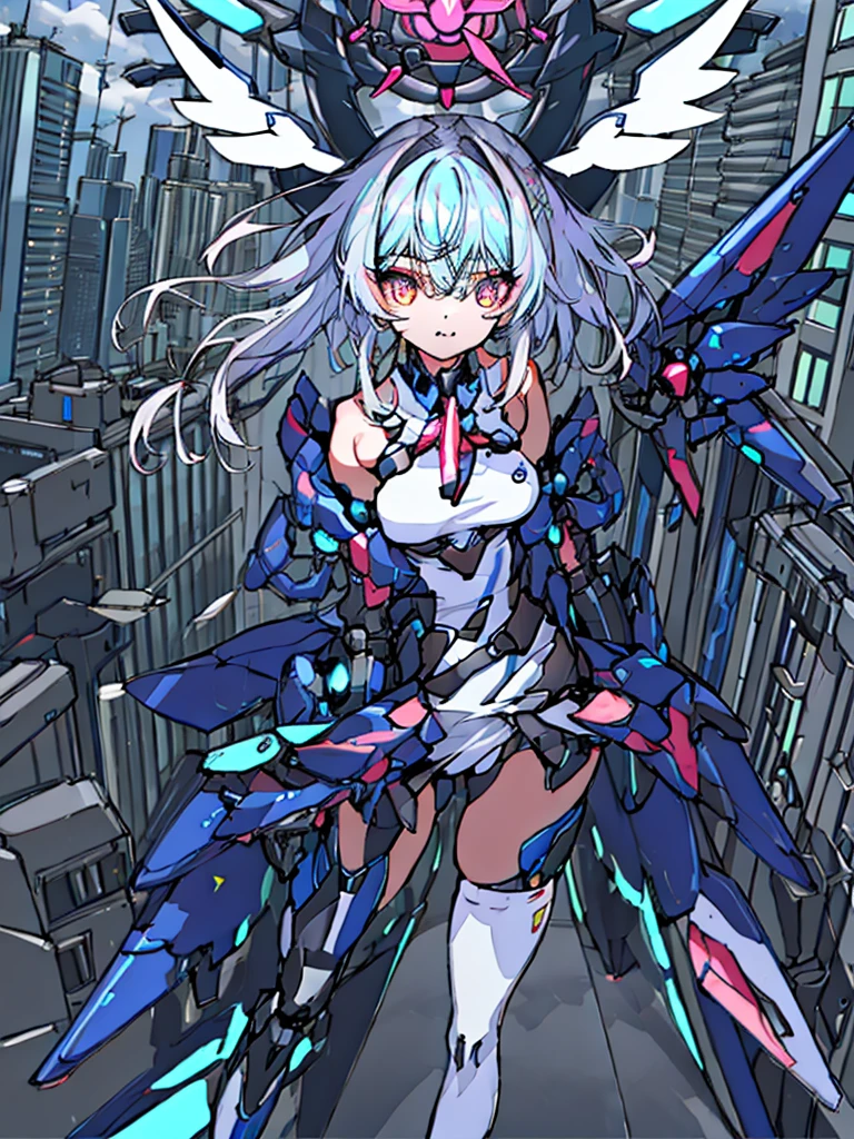 top-quality、ighly detailed、masterpiece、ultra-detailliert、illustratio、((1girl in))、silber hair、length hair、Floating hair、、Cyber City、Neon building、(The upper part of the body:1.05)、extremely_Detailed_Eyes_And_Face,cybernetic wings mechanical wings、Random posture、Skyscraper、、Mechumusume、shrine maiden clothe,maid clothes、Random angles、anime styled,cowboy shot