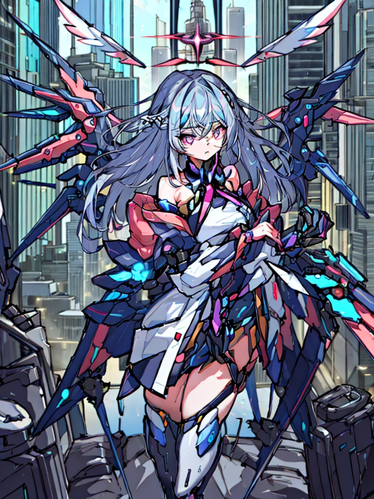 top-quality、ighly detailed、​masterpiece、ultra-detailliert、illustratio、((1girl in))、silber hair、length hair、Floating hair、、Cyber City、Neon building、(The upper part of the body:1.05)、extremely_Detailed_Eyes_And_Face,cybernetic wings mechanical wings、Random posture、Skyscraper、、Mechumusume、shrine maiden clothe,maid clothes、Random angles、anime styled,cowboy  shot