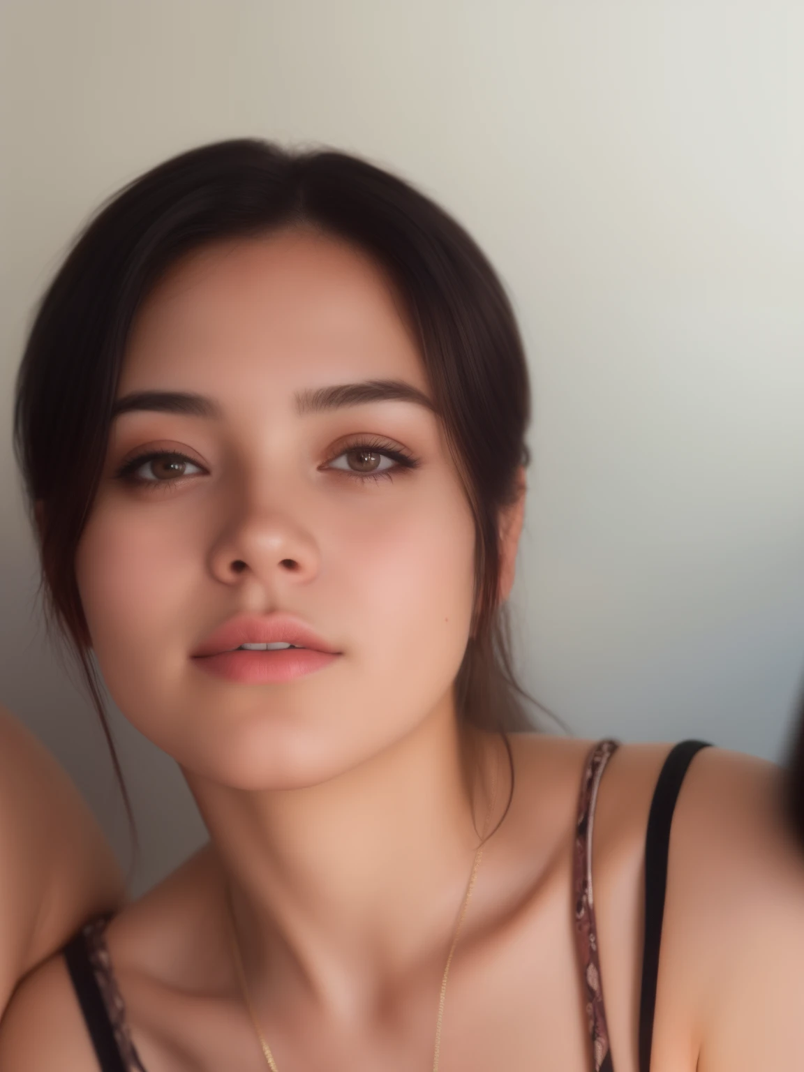 selfie photograph of an australian girl, 24 years old, real human quality, red lipstick, curvy and busty, white skin, long jet black hair, wearing a gym outfit, at the comfort of her house, beautiful symmetrical face headshot 4k quality, realistic