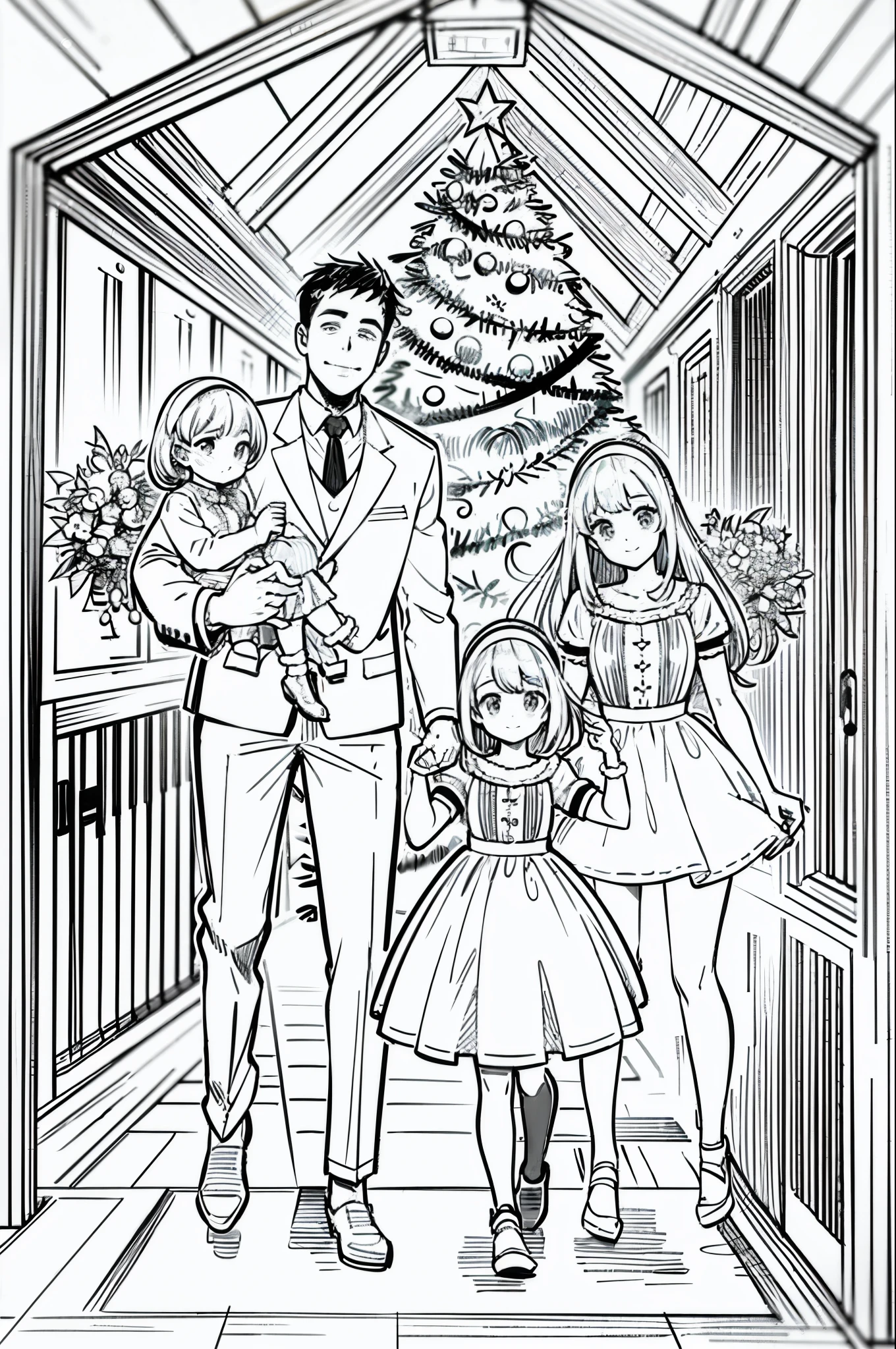 Christmas , line art, no text, rule of thirds, harmony, fun, sketch, family fun, Fibonacci, mom, dad, kids, correct proportion, dynamic, geometry, full body