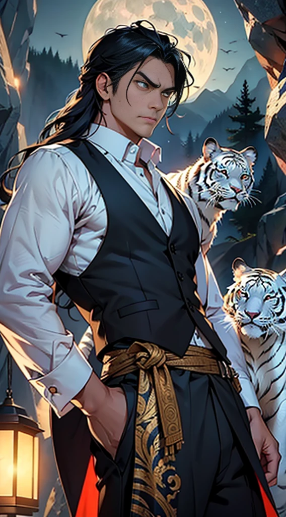 (masterpiece:1.2), (illustration), (best quality:1.2), (best aethetic:1.1), (beautiful art:1.2), (ultra-detailed:1.2), (8k), (HDR), (cinematic lighting), (wallpaper), (sharp focus), (intricate), (eyes very detail) man in meditation, javanese, 170cm tall, black hair colours, little long hair, angry expression, glowing pupils eyes, wearing white vest batik art style, white energy all around his body, energy white tiger, background cave at night with little lighting from moon, horror