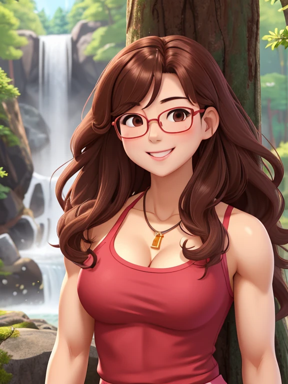 attractive korean woman, ripped muscle, muscular body, small breast, pale skin, smile(blush), sundress, glasses, thin necklace, sixpack abs, [ultra detailed skin:1.2], brown hair, long curly hair, 8k uhd, full body, crowd, public, forest, waterfall, standing,