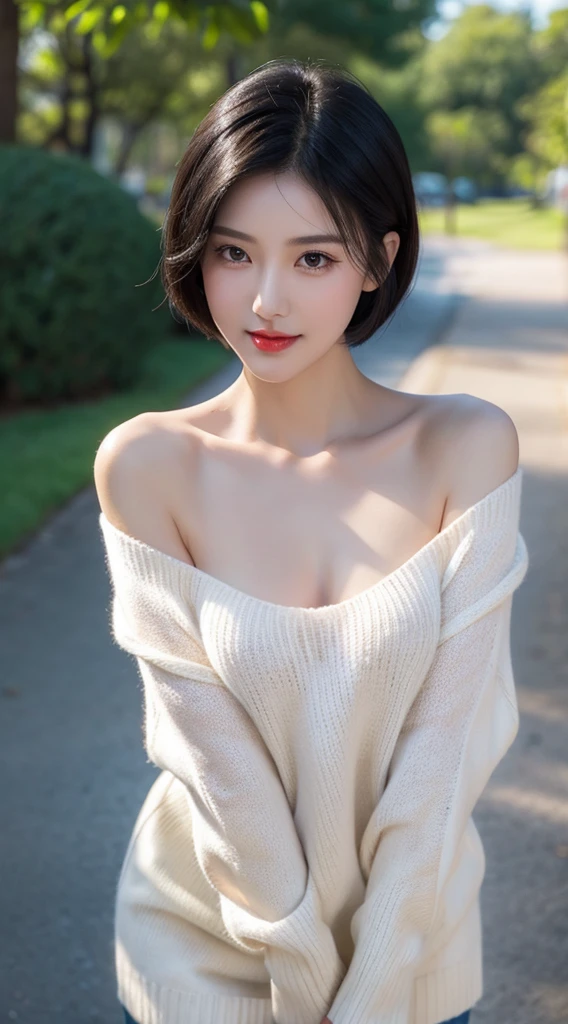 cute girl photo realistic,in a park in front of beach, exquisite and beautiful face, pretty face, (peach Red lips:1.1),(white skin:1.1),  tender and ,(black hair:1.15),short hair,smile, exquisite collarbone, seductive and delicate collarbone, charming fragrant shoulders, shoulders slightly exposed,  open-shoulder long sweater,sky blue sweater,bokeh, full body,very realistic details,  ultra-high resolution,outstanding details