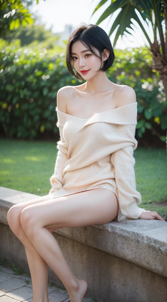 cute girl photo realistic,in a park in front of beach, exquisite and beautiful face, pretty face, (peach Red lips:1.1),(white skin:1.1), tender and ,(black hair:1.15),short hair,smile, exquisite collarbone, seductive and delicate collarbone, charming fragrant shoulders, shoulders slightly exposed, open-shoulder long sweater,sky blue sweater,bokeh, full body,very realistic details, ultra-high resolution,outstanding details