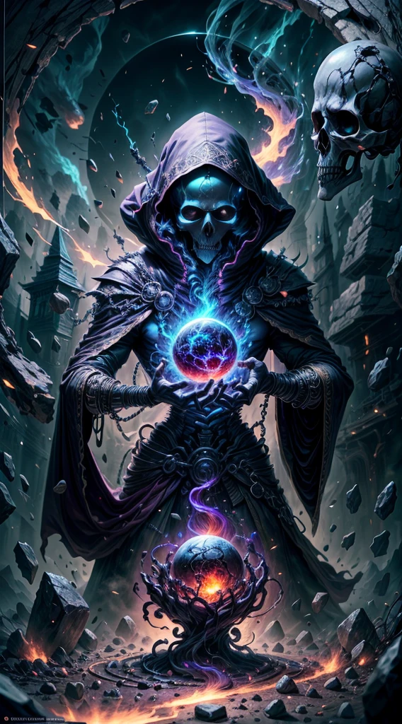 Skeleton rich in dark croon, Black gold skeleton, Magic Void Energy, Glowing eyes, Death lightning, Death energy ball floating in hand, Casting a spell, Energy cracking, Bone Hand, Dressed in a luxurious cloak, Floating astral skull, Earth and rocks exuding energy as a rich hold, Glowing runes with a sense of floating, Bones and skull lying on the ground, deep red energy, Floating in the air, Energy Chain, Magic circle on the ground,,Detailed,Realistic,4K highly detailed digital art,Octane Render, bio luminescent, 8K resolution concept art, Realism,by Mappa Studios,masutepiece,Best Quality,Official art,Illustration,ligne claire,(Cool_Color),Perfect composition,absurderes, Fantasy,Focused,rule of third