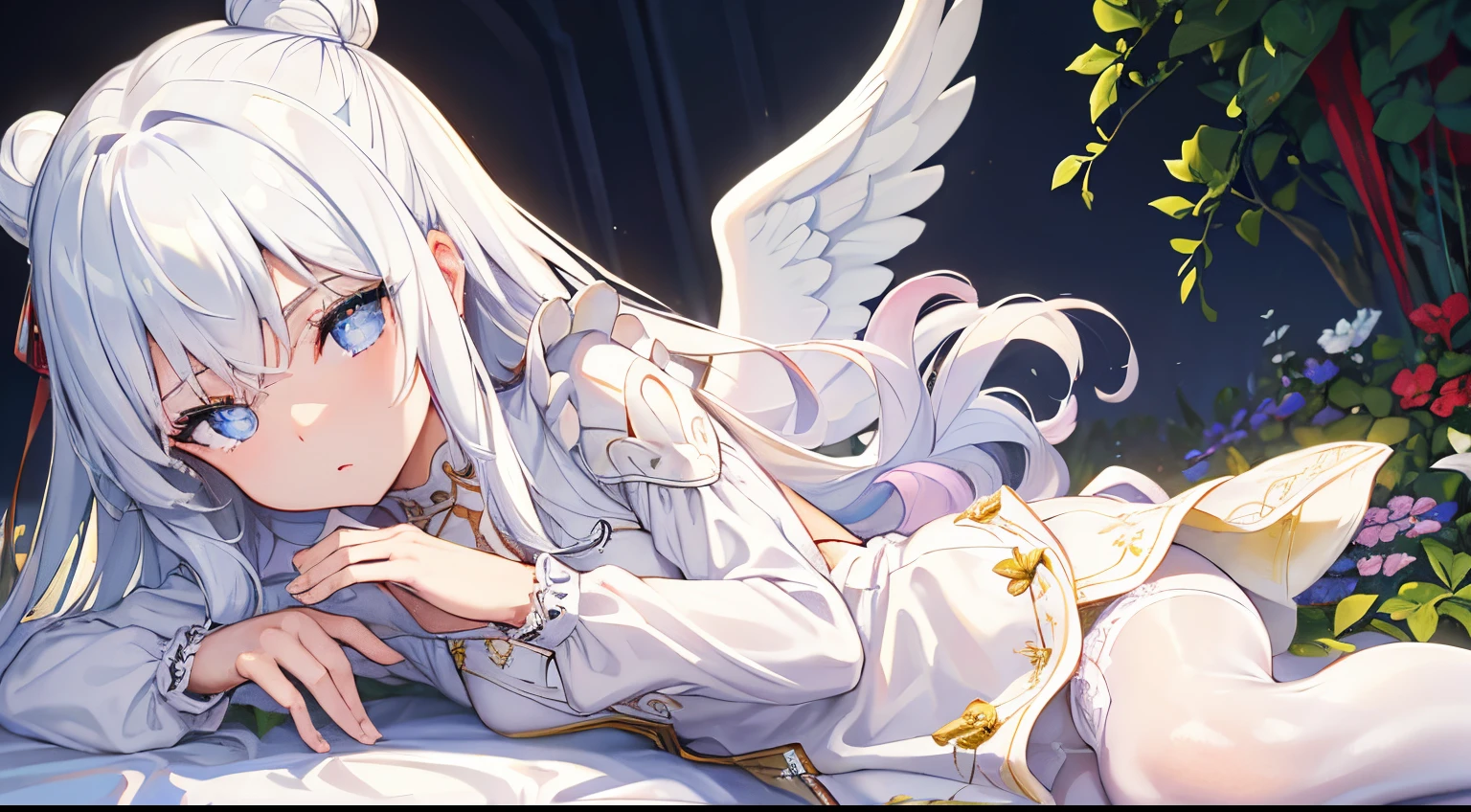 (masterpiece:1.2), best quality, high resolution, (illustration:0.8), (beautiful detailed eyes:1.6), extremely detailed face, perfect lighting, extremely detailed CG, (((perfect hands, perfect anatomy))), le malin holding a flower in garden, sun shining, hands behind, eyes,symbol-shaped pupils, detailed face, white _dress, solo, double bun, blue eyes, very long hair, hair bun, angel_wings, white_legwear, bright at night, volumetric lighting, flat lighting, photo, oil painting, beautiful, extremely detailed, HD, 1girl, small breasts, solo,double bun,bow,white hair, long hair,sidelocks,blue hair ribbon,ribbon,long sleeves, white dress,pleated dress,thighband pantyhose