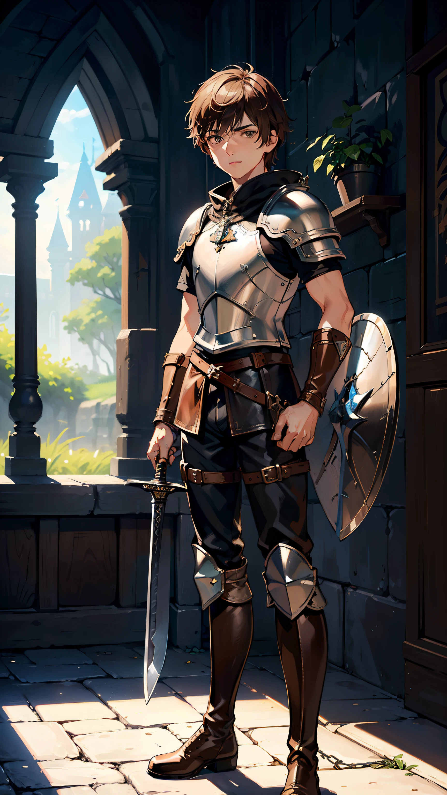 masutepiece, ultra-detailliert, 8K Portrait, Raw photo, Portrait photo of a man, Highly detailed face, cool and careful eyes, ((Fantasy)), 1 man, (((A young man))), laught, 17 years old, Fighter, Standing with hands on hips, (((short brown hair))), (((White skin color))), (((black leather breast armor))), chain waist cross, (((Leather boots))), ((Equip a dagger and small shield)), Midday Sun, Hyper realistic, Long legs, In the Adventurer's Guild of the Middle Ages, Ambient lighting, Shadow details, Camera focus on face, strong breeze, Light fog