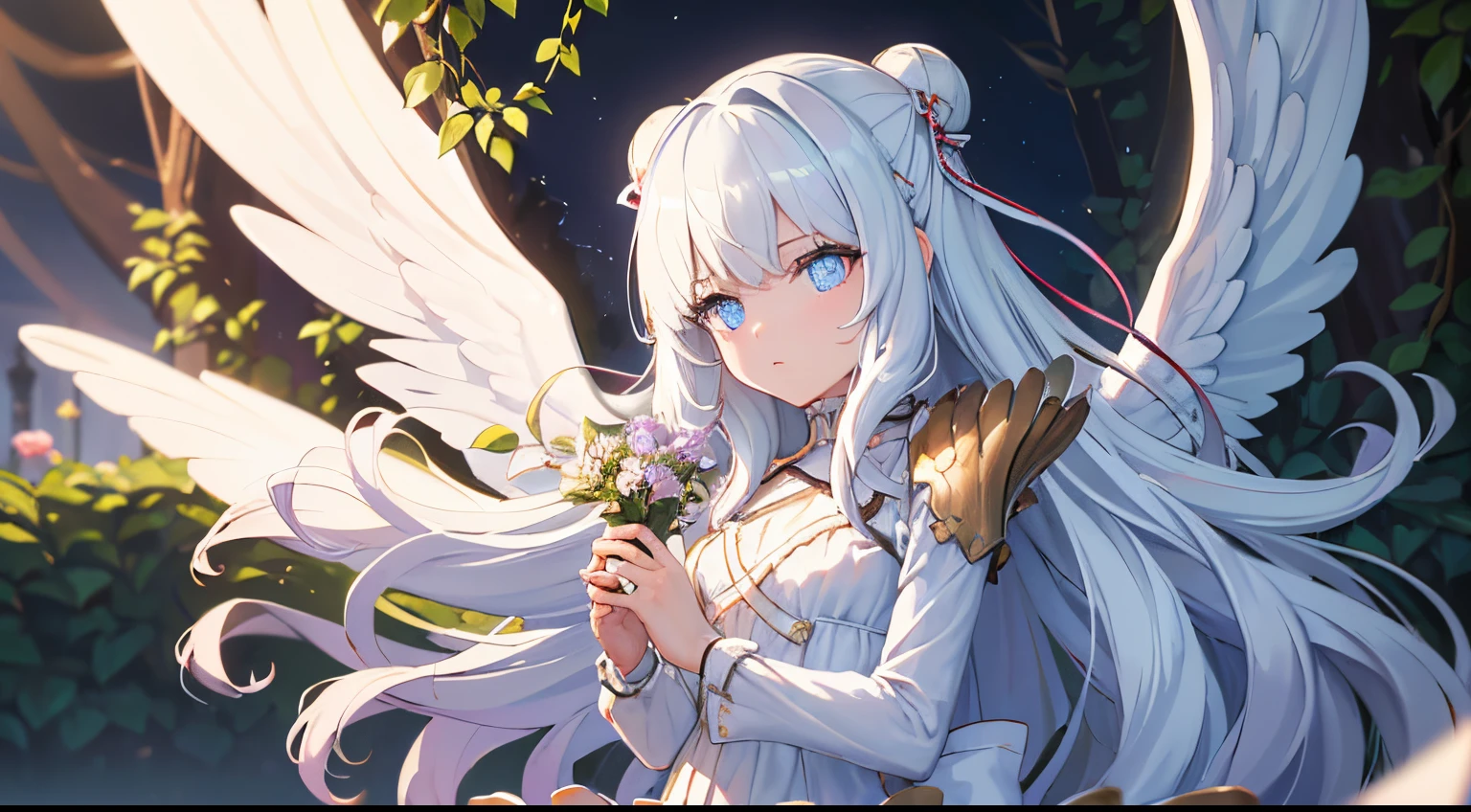 (masterpiece:1.2), best quality, high resolution, (illustration:0.8), (beautiful detailed eyes:1.6), extremely detailed face, perfect lighting, extremely detailed CG, (((perfect hands, perfect anatomy))), le malin holding a flower in garden, sun shining, hands behind, eyes,symbol-shaped pupils, detailed face, white _dress, solo, double bun, blue eyes, very long hair, hair bun, angel_wings, white_legwear, bright at night, volumetric lighting, flat lighting, photo, oil painting, beautiful, extremely detailed, HD, 1girl, small breasts, solo,double bun,bow,white hair, long hair,sidelocks,blue hair ribbon,ribbon,long sleeves, white dress,pleated dress,thighband pantyhose