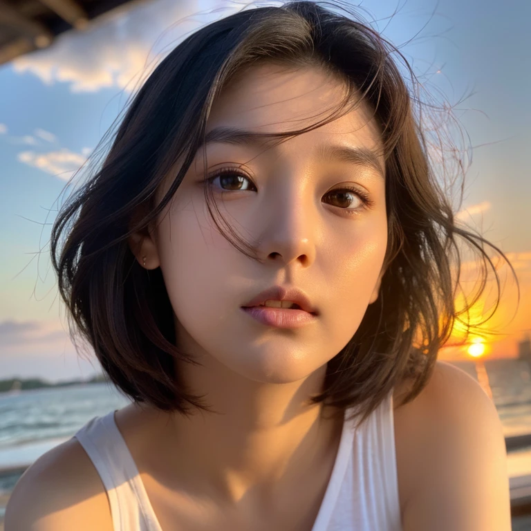 An ultra-high picture quality、Perfect Photo、18yo woman、Sunset、put out one's forehead、a short bob、A dark-haired、the wind、Narrow-eyed、Plump lips、large mouth、