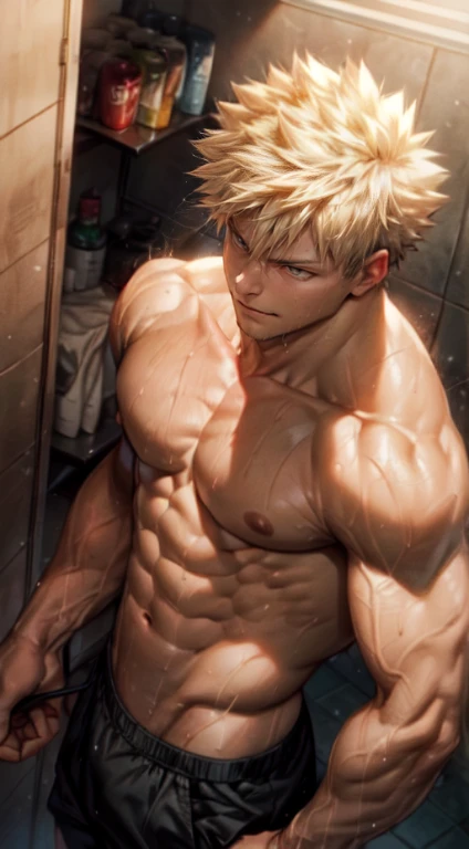 (best quality,4k,highres,masterpiece:1.2),ultra-detailed,realistic:1.37,men Bakugou Katsuki,locker room,taking off clothes,handsome,athletic build,wet bodies,sweat glistening on skin,glistening muscles,rippling abs,shadows and highlights,toned backs,broad shoulders,defined jawlines,piercing eyes,dripping water drops,wet hair,sensuous lips,confidence,masculinity,charismatic smiles,eyes filled with intensity,locker decorations,steam in the air,moisture on mirrors,dimmed lighting,strong contrast,body tattoos,sleek and modern lockers,luxurious bench,shower area in the background,stainless steel accessories,steam rising,exhaust fan noise,intriguing composition,blue color tones,spotlights casting dramatic shadows,professional sports club atmosphere