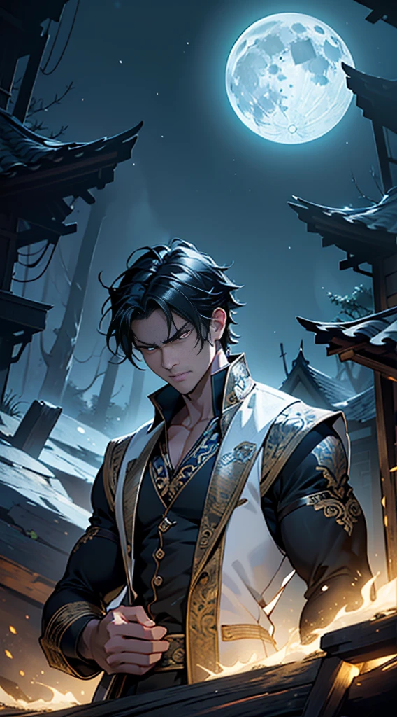 (masterpiece:1.2), (illustration), (best quality:1.2), (best aethetic:1.1), (beautiful art:1.2), (ultra-detailed:1.2), (8k), (HDR), (cinematic lighting), (wallpaper), (sharp focus), (intricate), (eyes very detail) man in meditation, javanese, 170cm tall, black hair colours, short cut hair, angry expression, glowing pupils eyes, wearing white vest batik art style, white energy all around his body, energy white tiger, background cave at night with little lighting from moon, horror
