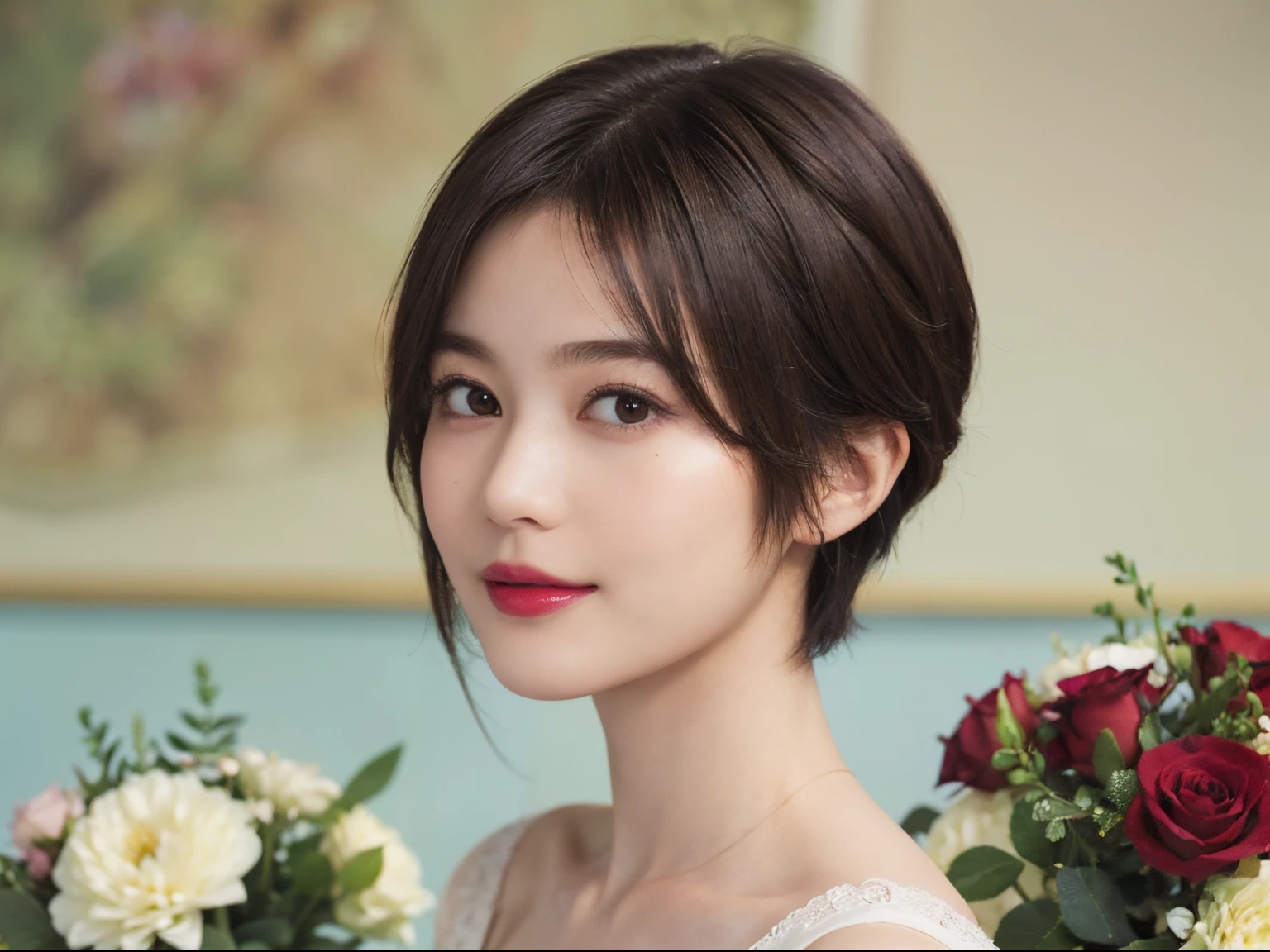 129
(a 20 yo woman, Standing), (A hyper-realistic), (high-level image quality), ((beautiful hairstyle 46)), ((short-hair:1.46)), (Gentle smile), (breasted:1.1), (lipsticks), (Large room), (florals), (Painterly)