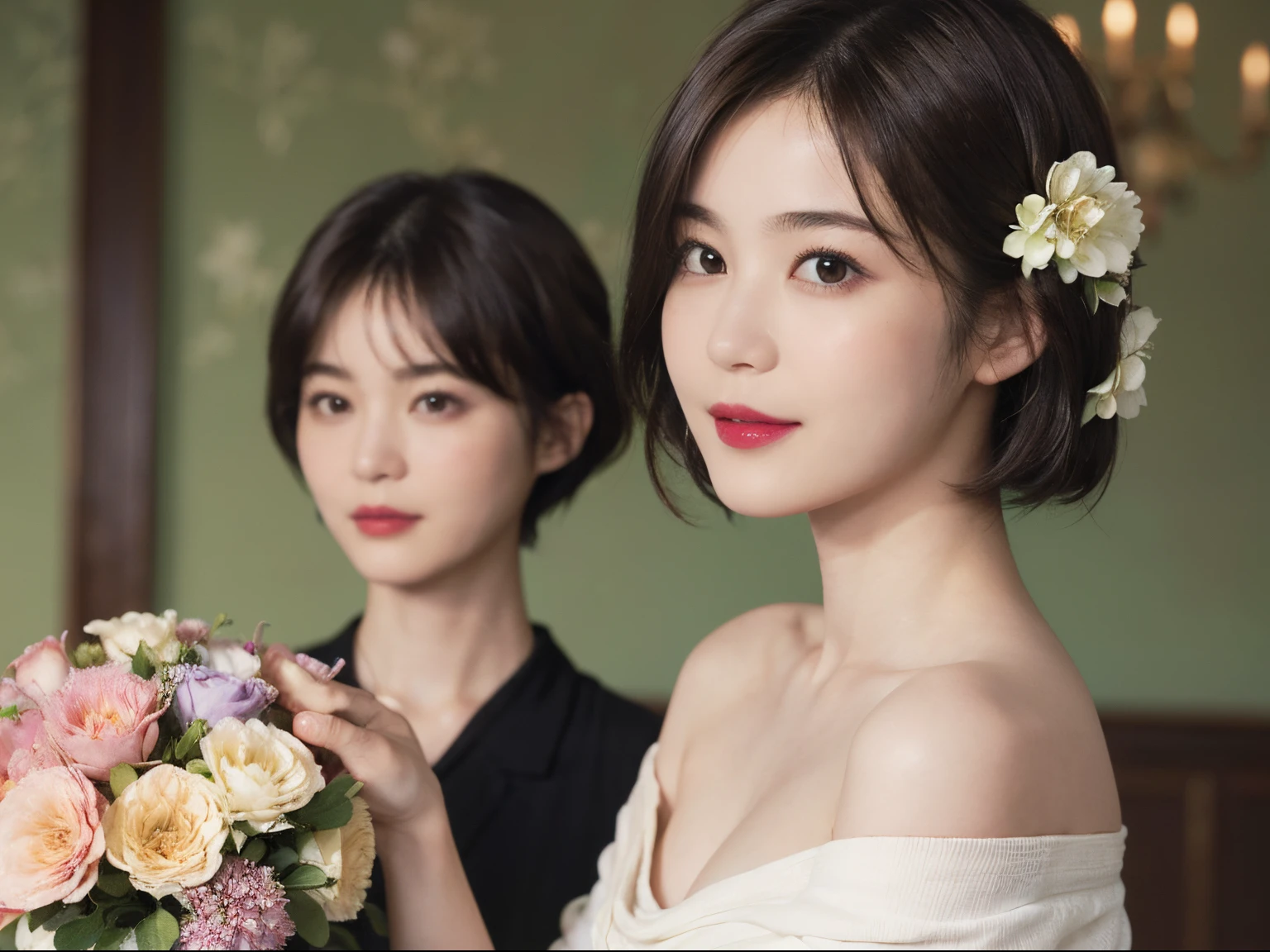 129
(a 20 yo woman, Standing), (A hyper-realistic), (high-level image quality), ((beautiful hairstyle 46)), ((short-hair:1.46)), (Gentle smile), (breasted:1.1), (lipsticks), (Large room), (florals), (Painterly)