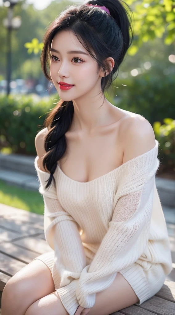 cute girl photo realistic,in a park in front of beach, exquisite and beautiful face, pretty face, (peach Red lips:1.1),(white skin:1.1),  tender and ,(black hair:1.15), purple ponytail hair,smile, exquisite collarbone, seductive and delicate collarbone, charming fragrant shoulders, shoulders slightly exposed,  open-shoulder long sweater,sky blue sweater,bokeh, full body,very realistic details,  ultra-high resolution,outstanding details