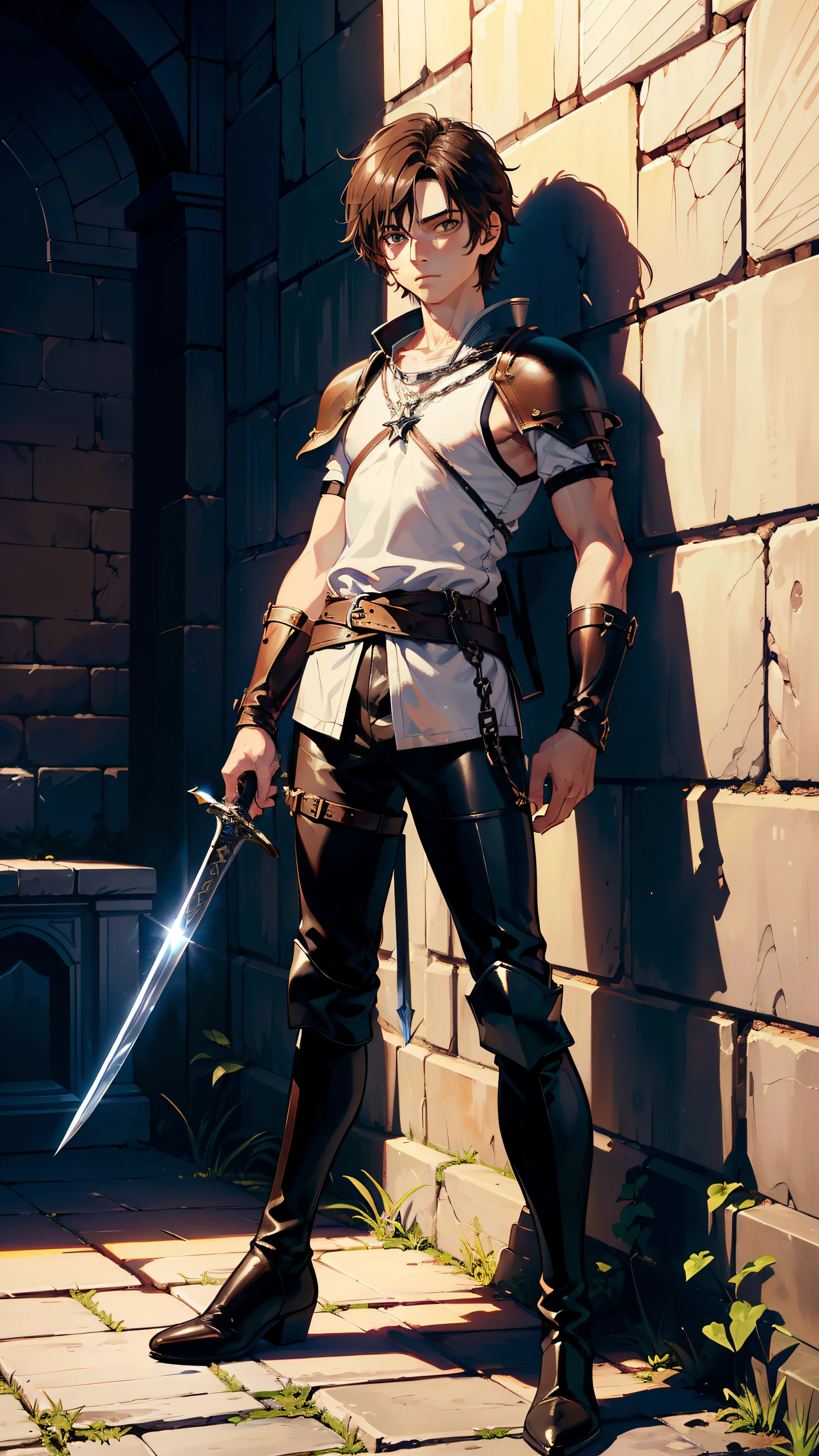 masutepiece, ultra-detailliert, 8K Portrait, Raw photo, Portrait photo of a man, Highly detailed face, cool and careful eyes, ((Fantasy)), 1 man, (((A young man))), laught, 17 years old, Fighter, Standing with hands on hips, (((short brown hair))), (((White skin color))), (((black leather breast armor))), chain waist cross, (((Leather boots))), ((Equip a dagger and small shield)), Midday Sun, Hyper realistic, Long legs, In the Adventurer's Guild of the Middle Ages, Ambient lighting, Shadow details, Camera focus on face, strong breeze, Light fog