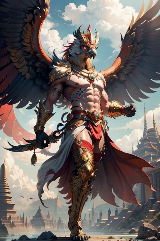 Garuda, a male anthropomorphic bird, has the appearance of a bird. The head and appearance are that of a bird. Has a bird's head, red feathers, red eye details, muscular body, best anatomy, red skin, red feathers on the body. Big red wings spread out. perfect wingspan Wear jewelry made from gold with Thai designs. Gold jewelry adorned with diamonds sits on the head of a red bird. Wear a gold chain on the left and right on the chest. Wear bright red pants, Thai silk with a Thai pattern and a gold waistband. Beautiful red cloth, ancient Thai cloth, holding a sword, hands and legs having the appearance of a complete bird. perfect hands, legs, feet Standing on the grass, looking straight, standing fully, body with the most refined skin. red skin body Maximum feather detail. Red feather. Maximum eye detail. Red eye.
Maximum anatomical detail Details, cloth, accessories, Thai warrior armor, ultimate weapon Masterpiece quality The most realistic picture Maximum realism and detail The best light The best quality of light and shade World-class studio photography Best close-up view Thai temple castle backdrop made of gold, onyx, emerald, diamond, the most perfect fantasy. The background is the sky, clouds, fog. Feeling natural and realistic