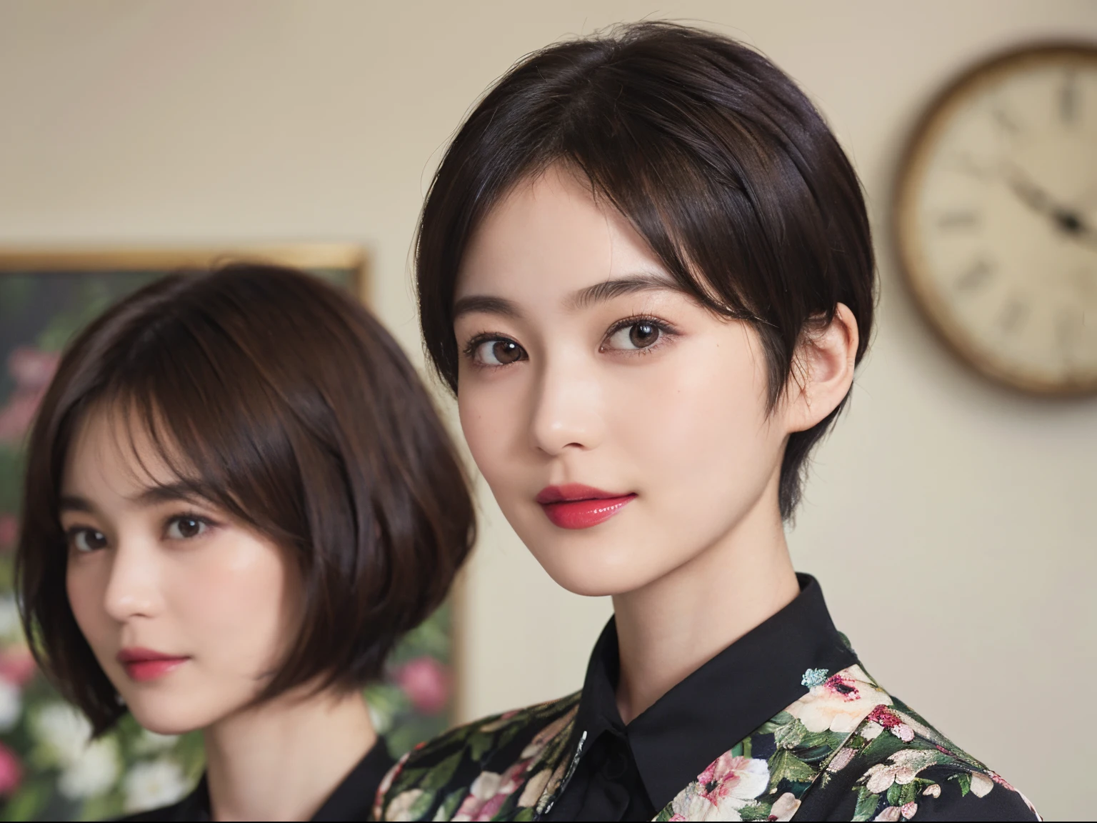 129
(a 20 yo woman, Standing), (A hyper-realistic), (high-level image quality), ((beautiful hairstyle 46)), ((short-hair:1.46)), (Gentle smile), (breasted:1.1), (lipsticks), (Large room), (florals), (Painterly)