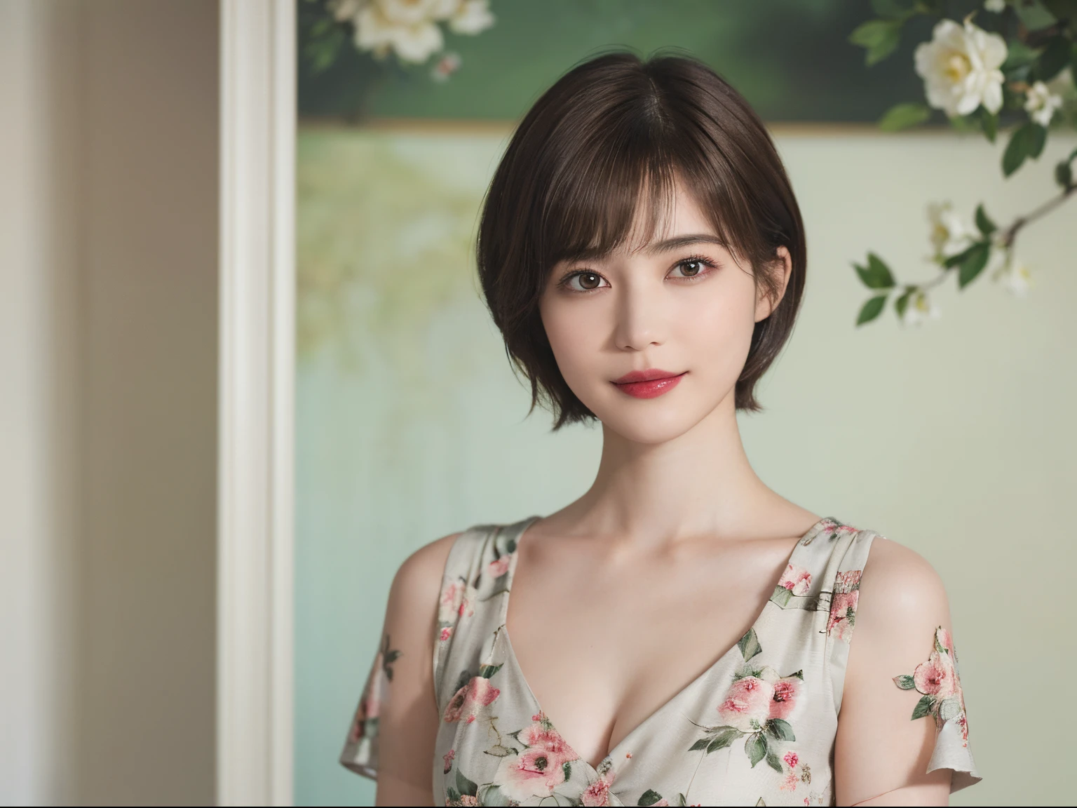 129
(a 20 yo woman, Standing), (A hyper-realistic), (high-level image quality), ((beautiful hairstyle 46)), ((short-hair:1.46)), (Gentle smile), (breasted:1.1), (lipsticks), (Large room), (florals), (Painterly)